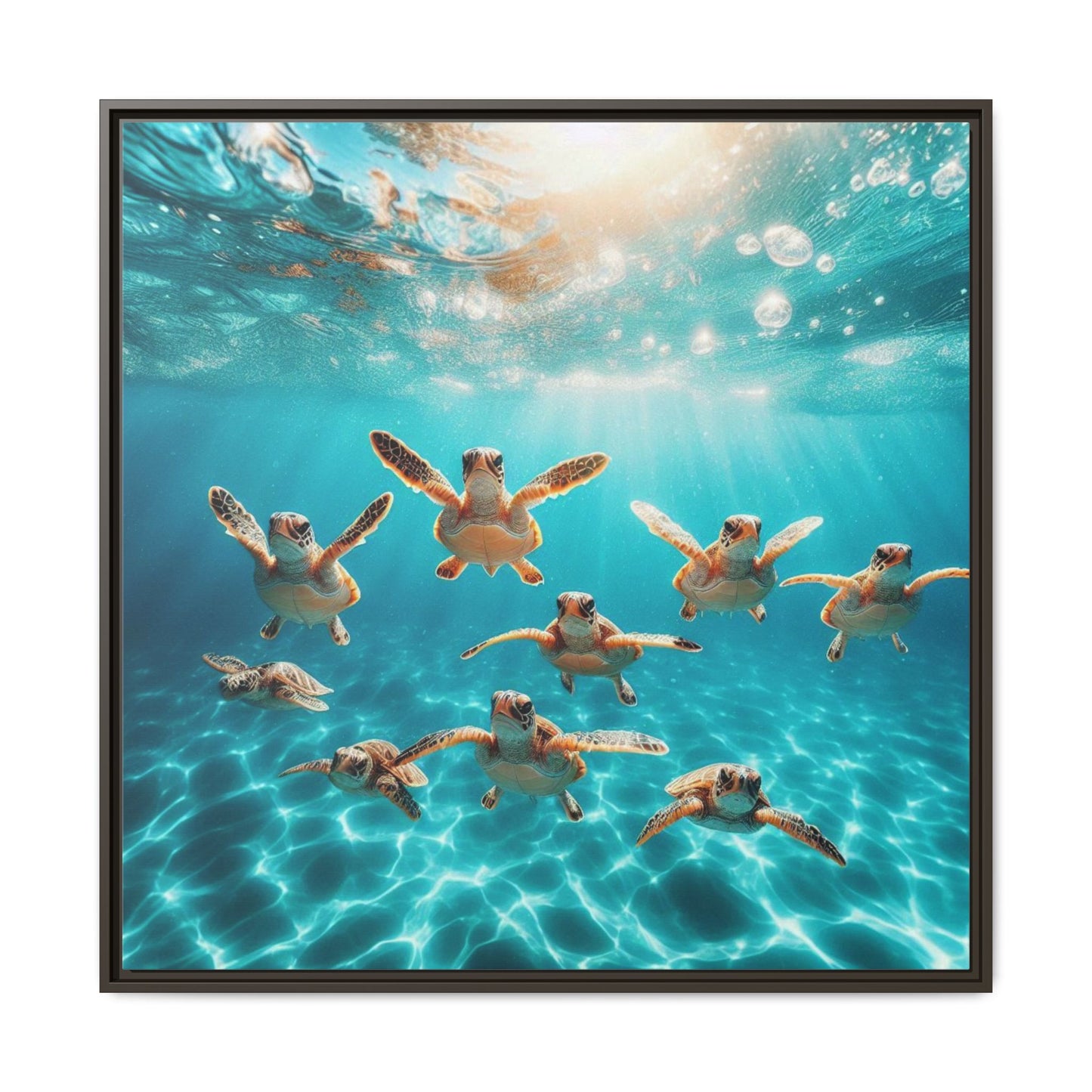 Baby Sea Turtles Out for a Swim Framed Canvas Wall Art Beach Lover Vacation Oceanic Gift Nature Lover Peaceful Zen Gift 3 frame colors