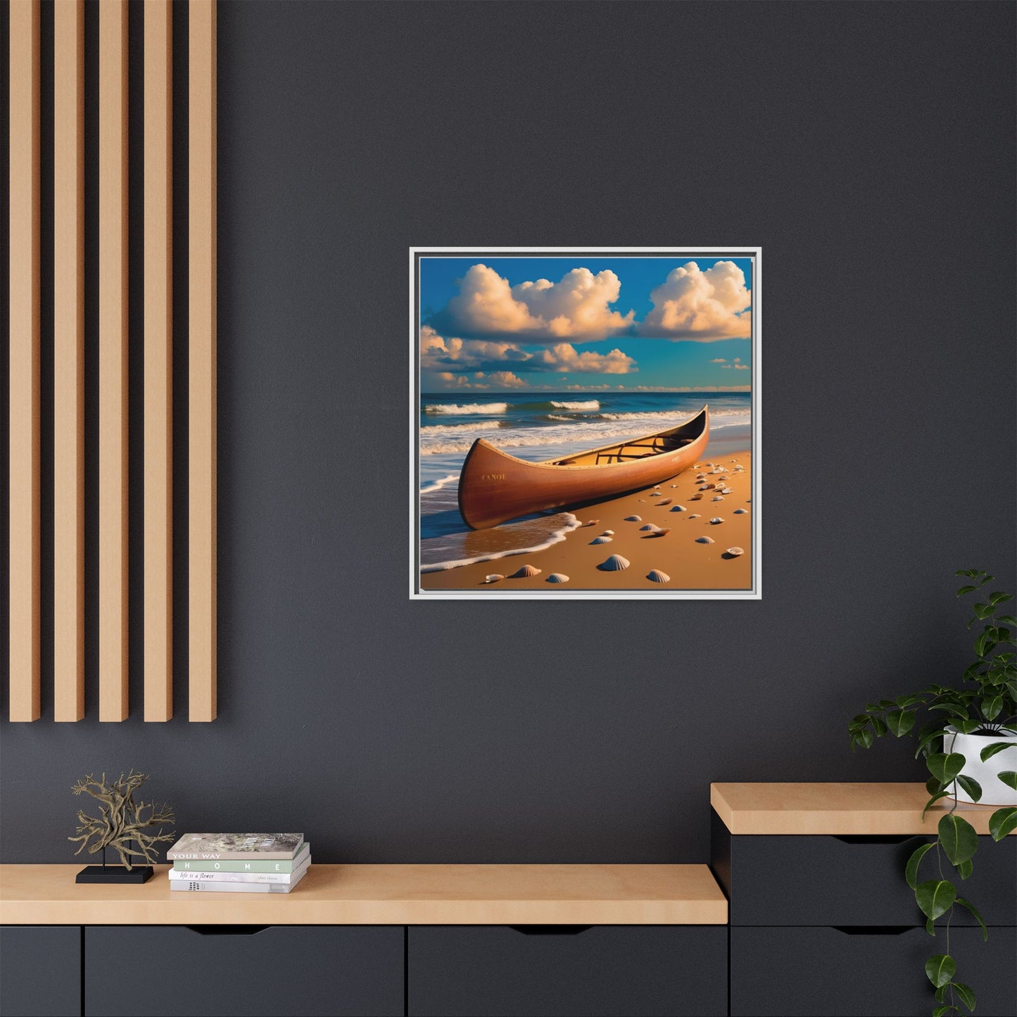 Canoe on the Beach Calm Sunny Day Framed Canvas Wall Art Beach Lover Vacation Oceanic Gift Nature Lover Peaceful Zen Gift 3 frame colors