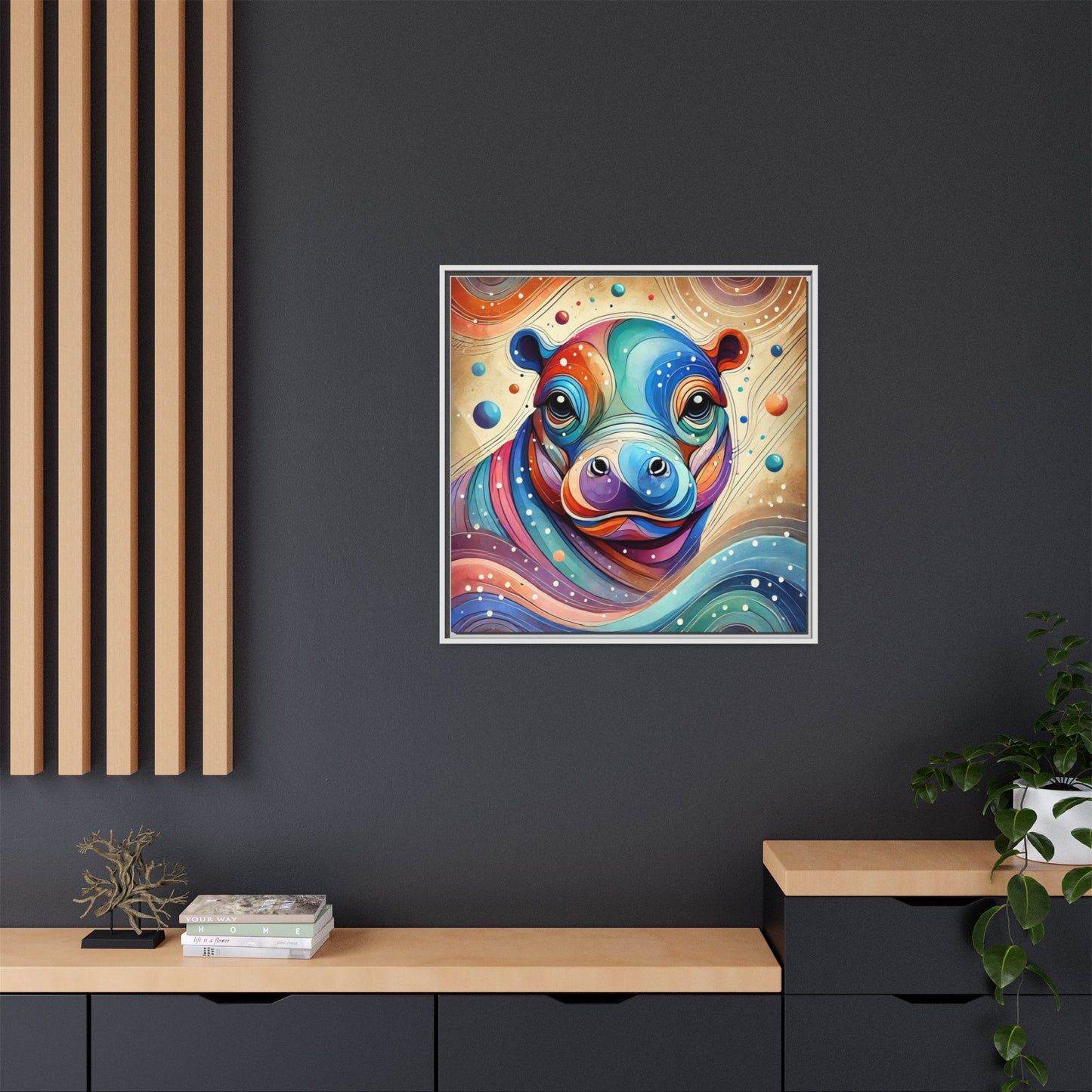 Modern Hippo Print Abstract Design Unique Framed Canvas Print Baby Hippo Wall Art Animal Lover Gift Nature Lover Decor 3 frame colors