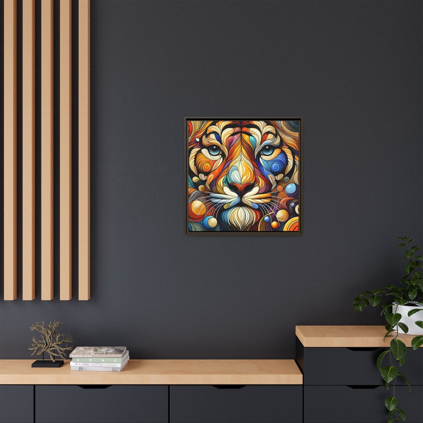 Modern Lion Face Print Abstract Design Unique Framed Canvas Print King of Jungle Wall Art Animal Lover Nature Lover Decor 3 frame colors