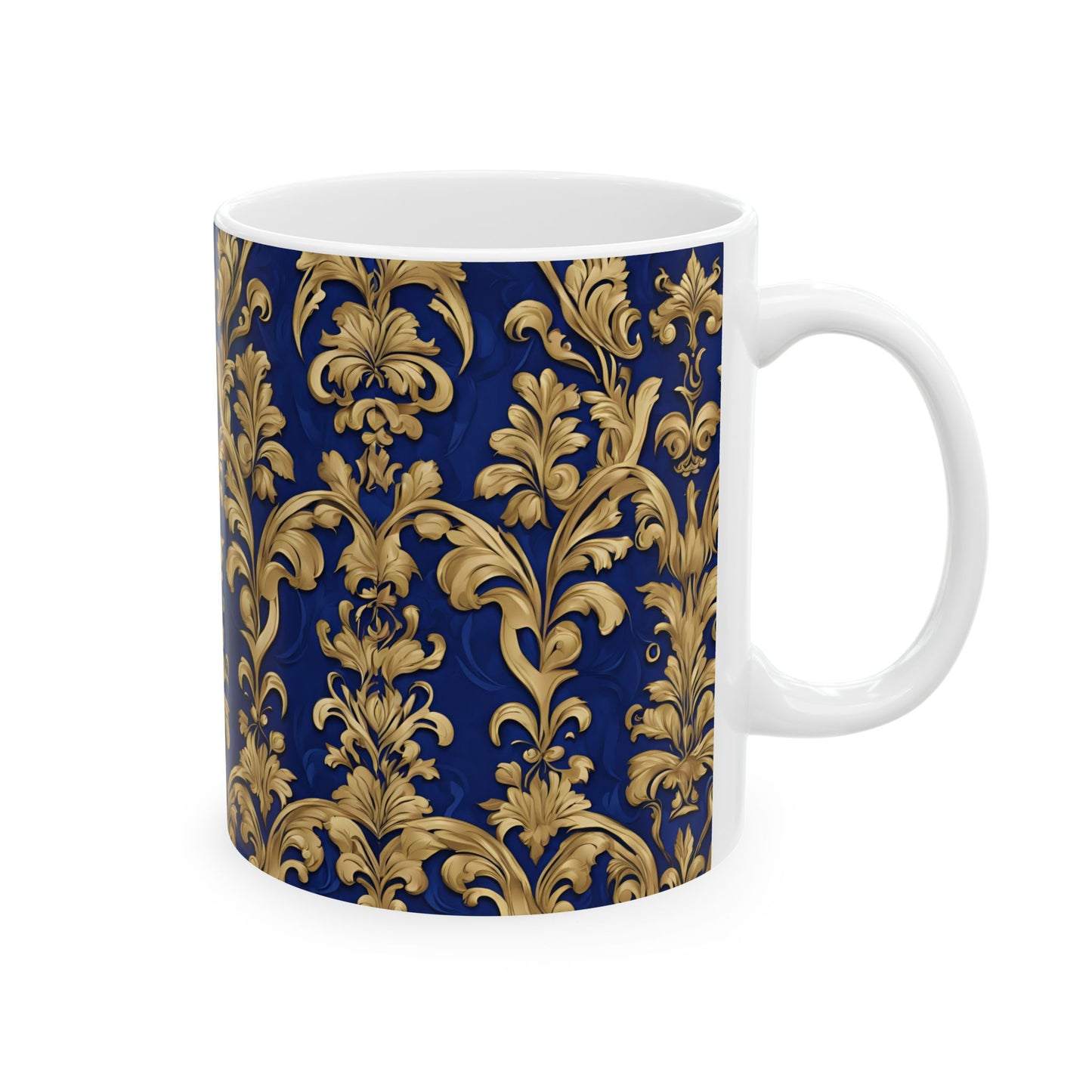 Beautiful Royal Blue and Gold Damask Vintage Tapestry Design Pattern Ceramic Mug, (11oz)