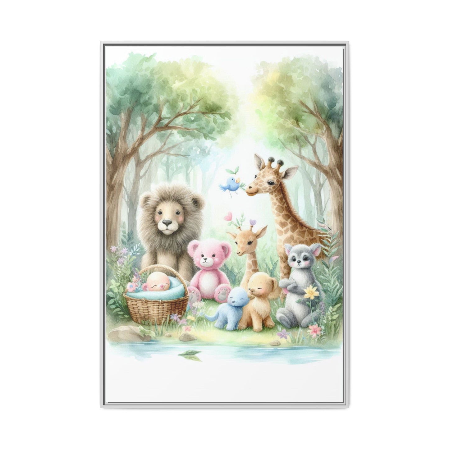 Whimsical Nursery Decor Pastel Menagerie Unique Sweet Baby Room Framed Baby Animal Canvas Print Wall Unisex Baby Shower Gift 3 frame colors