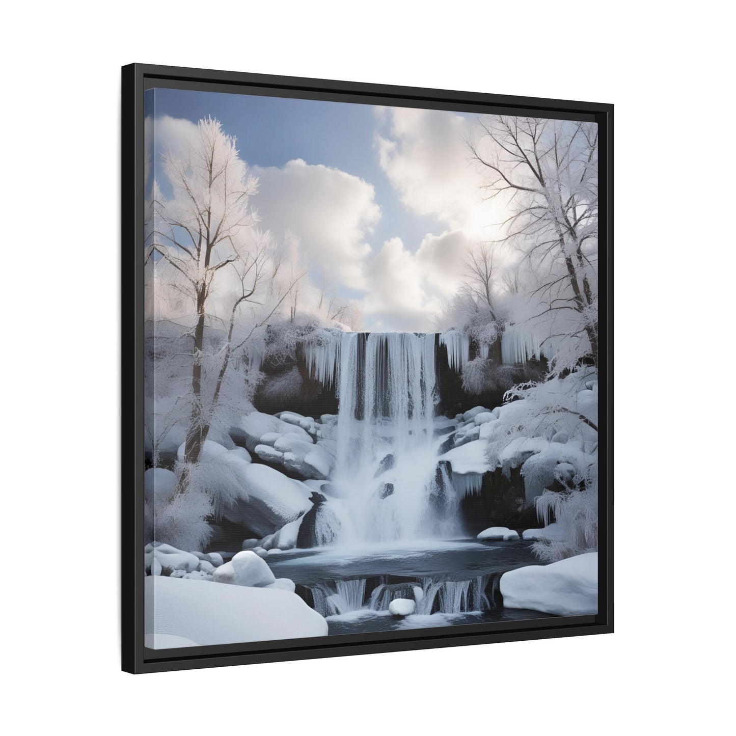 Modern Snowy Waterfall Design Unique Framed Canvas Wall Art Winter Scene Nature Lover Gift Mountain Landscape Decor Gift 3 frame colors