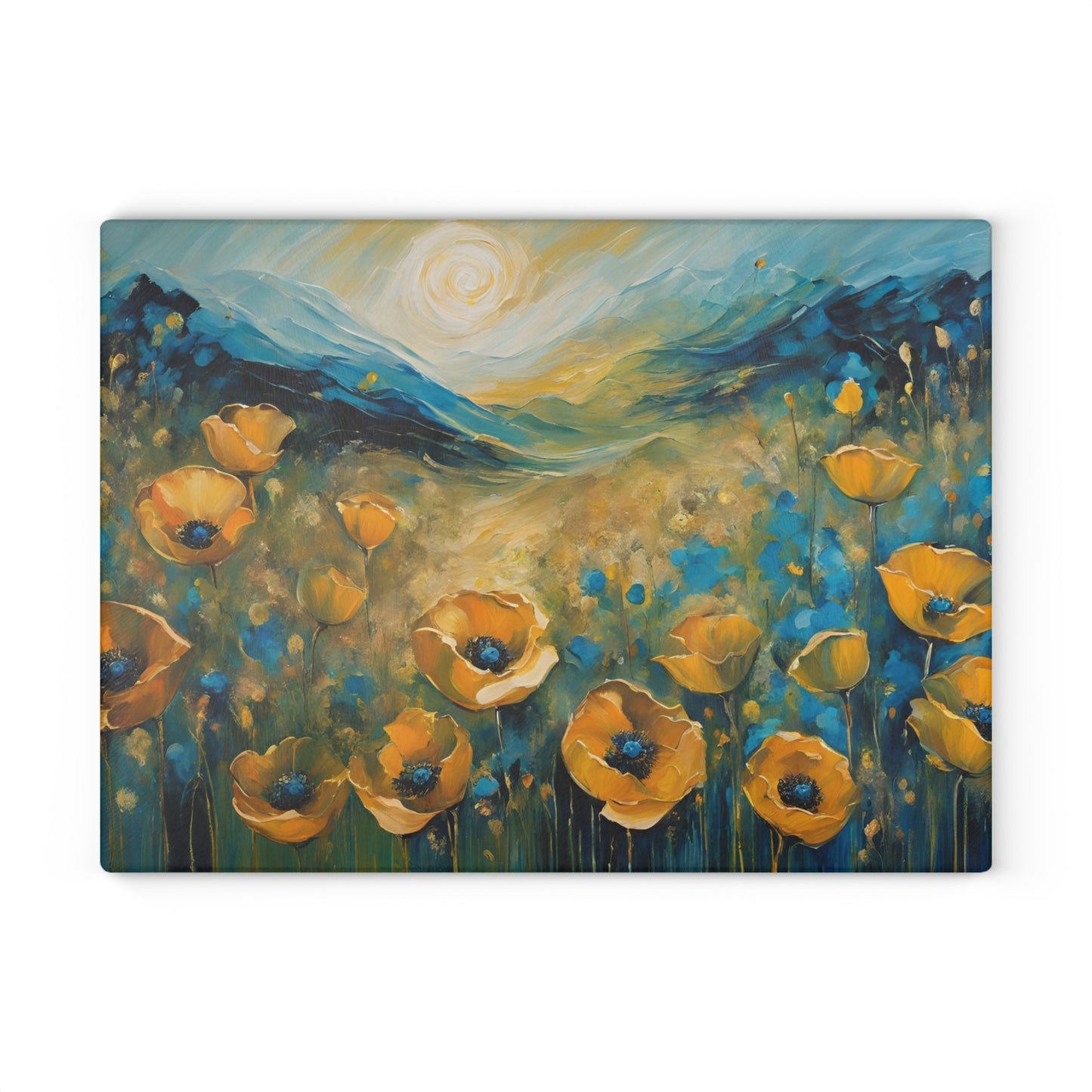 Kitchen Decor Glass Cutting Board Serving Tray with Field of Flowers Design Cutting Board Gift for Home Cook Poppy Floral Charcuterie Board
