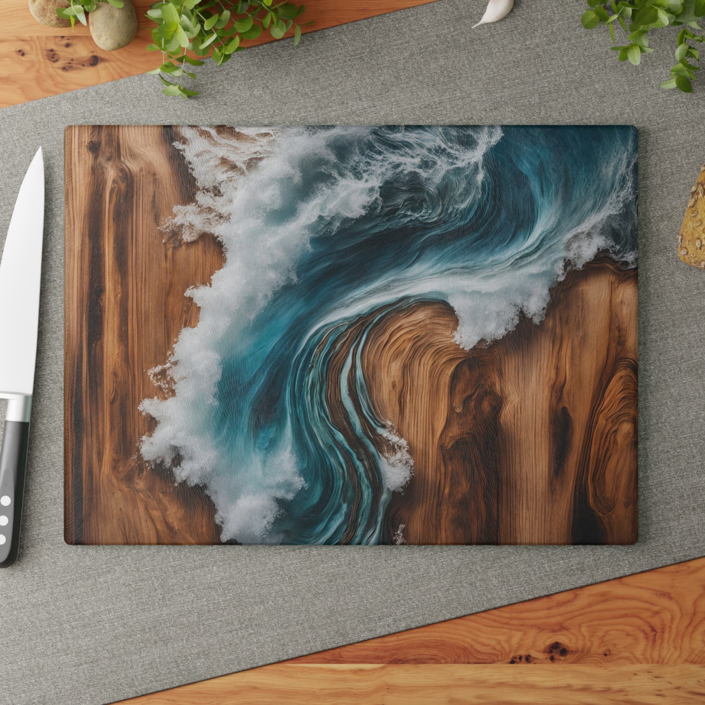 Beachy Kitchen Decor Glass Cutting Board Serving Tray with Wave Design Cutting Board Gift for Home Cook Fun Charcuterie Board