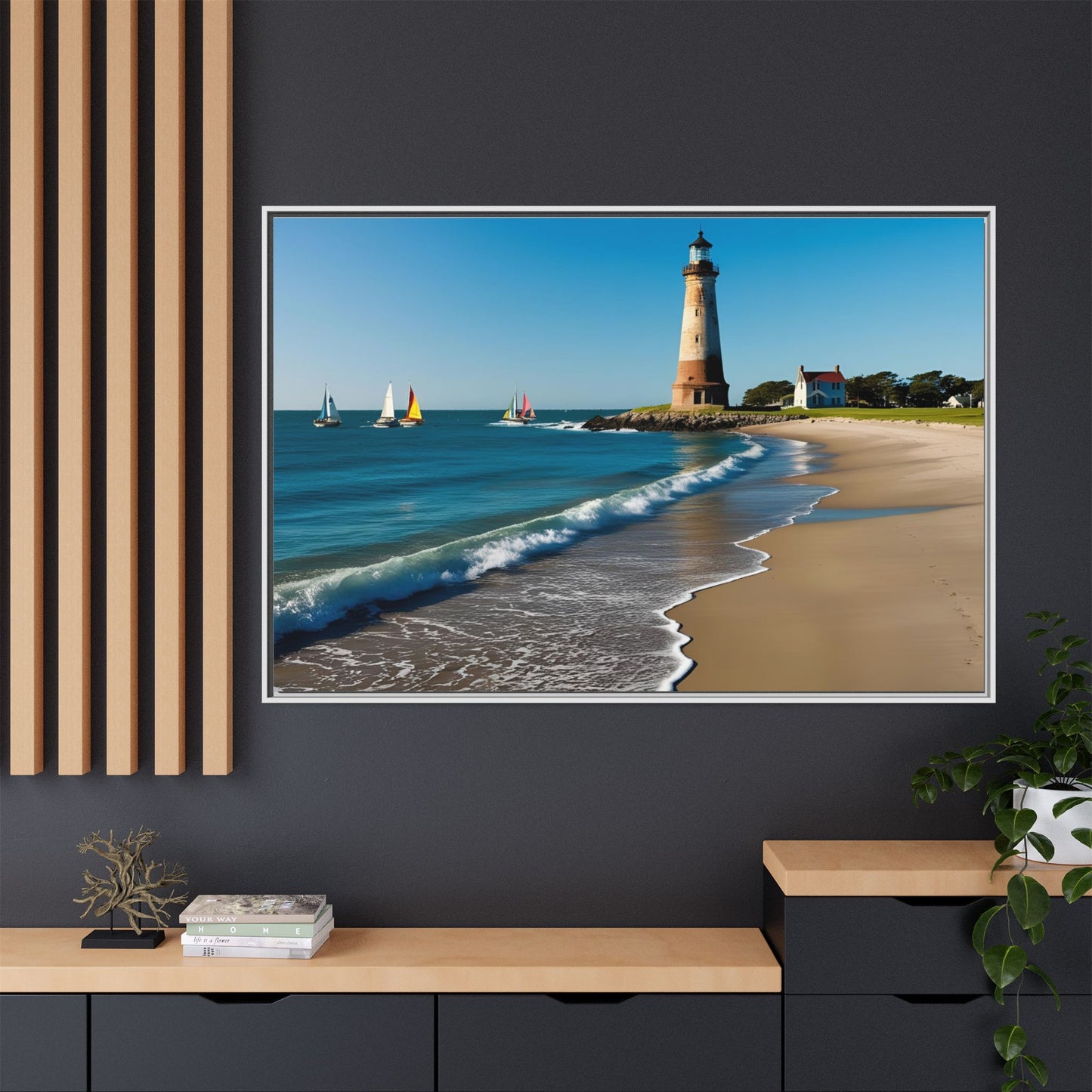 Lighthouse on the Beach Unique Framed Canvas Print Wall Art Nature Lover Gift Beachy Sailboats in the Ocean Vacation Decor 3 frame colors
