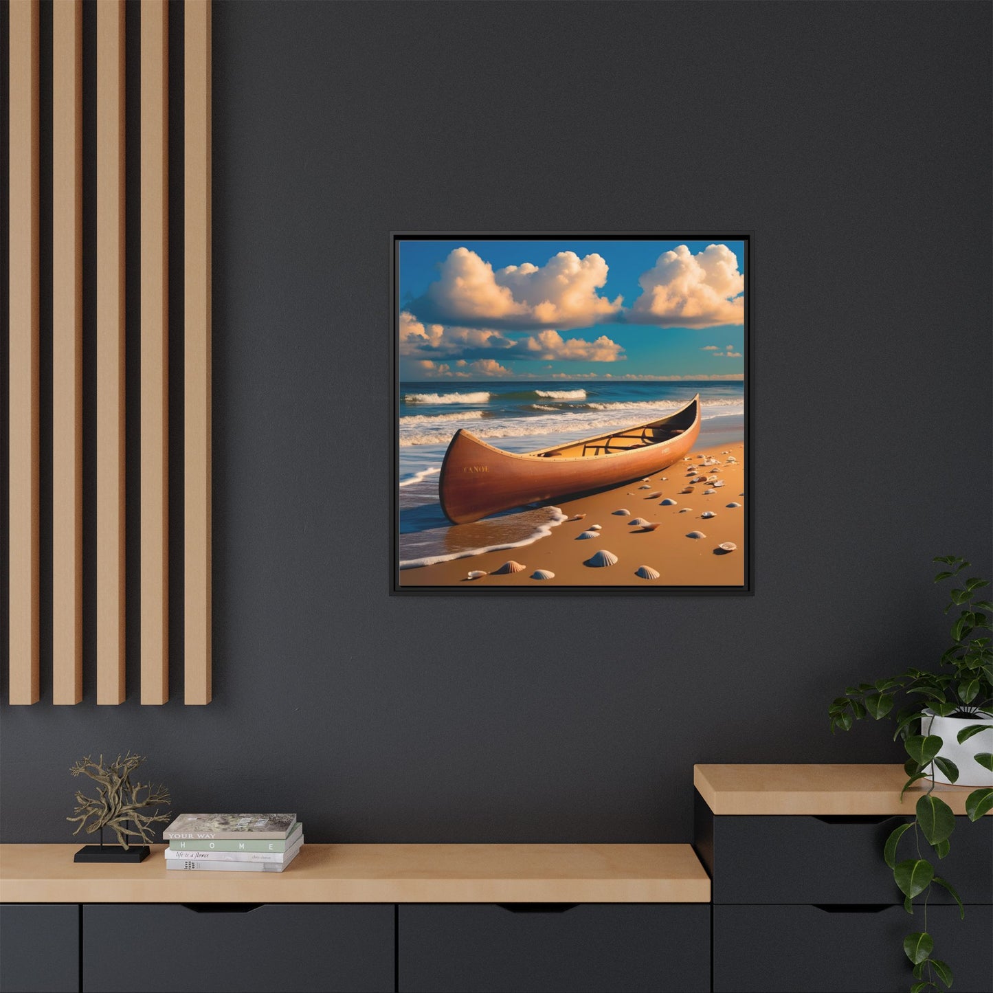 Canoe on the Beach Calm Sunny Day Framed Canvas Wall Art Beach Lover Vacation Oceanic Gift Nature Lover Peaceful Zen Gift 3 frame colors