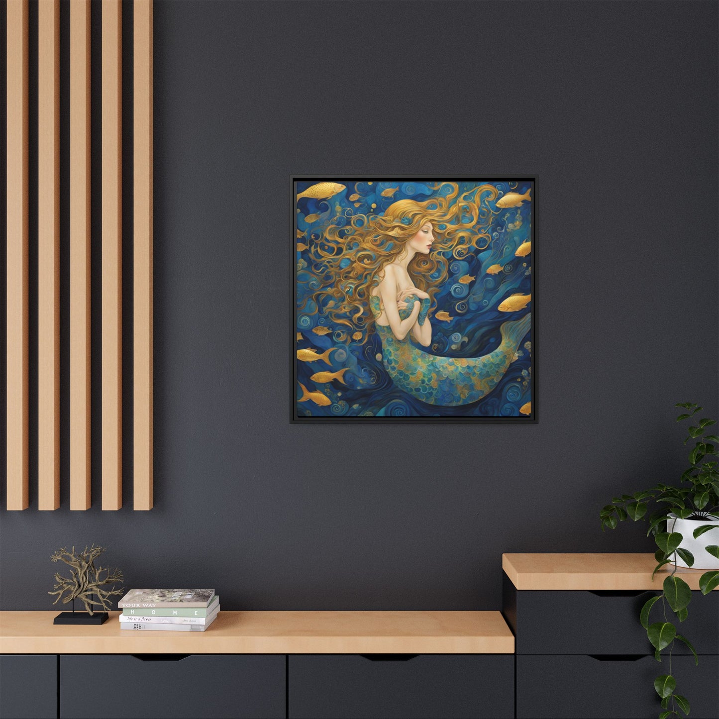 Modern Abstract Mermaid Design Unique Framed Canvas Oceanic Wall Art Underwater Gold Fish Anime Gift Nature Lover Gift 3 frame colors