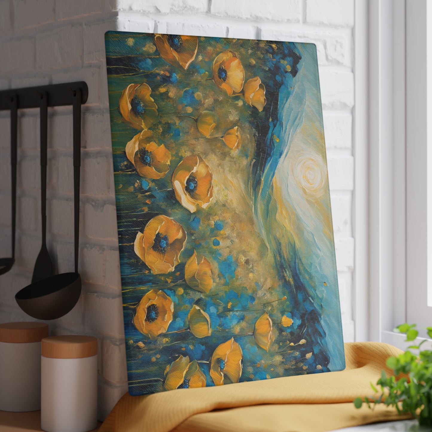 Kitchen Decor Glass Cutting Board Serving Tray with Field of Flowers Design Cutting Board Gift for Home Cook Poppy Floral Charcuterie Board