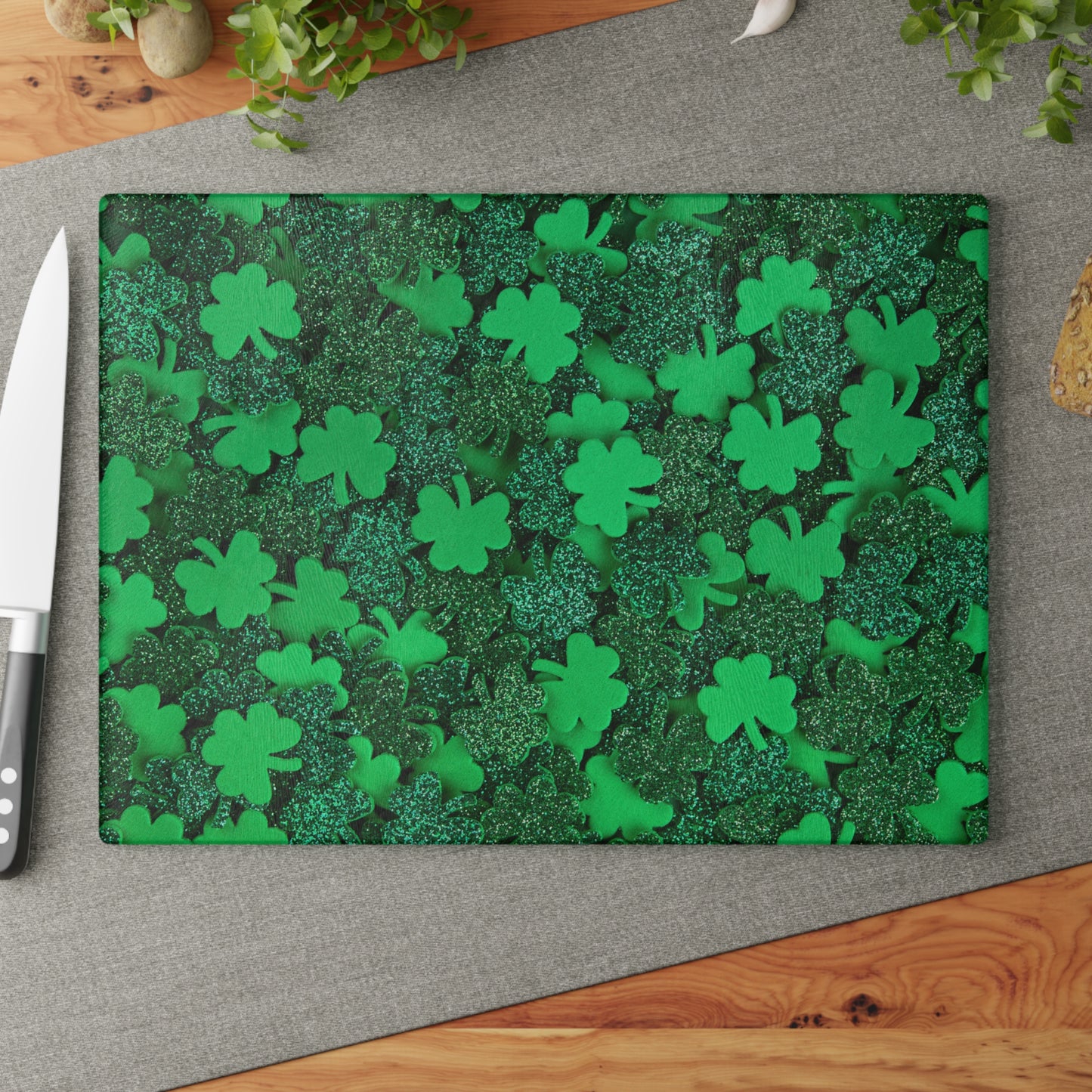 Kitchen Decor Glass Cutting Board Serving Tray with Green Clover Design Cutting Board Gift for Home Cook Charcuterie Board