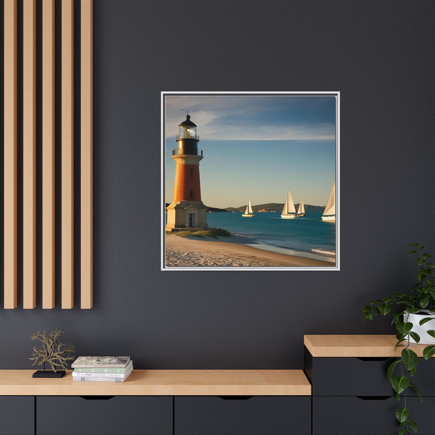 Lighthouse on the Beach Unique Framed Canvas Print Wall Art Nature Lover Gift Beachy Sailboats in the Ocean Vacation Decor 3 frame colors