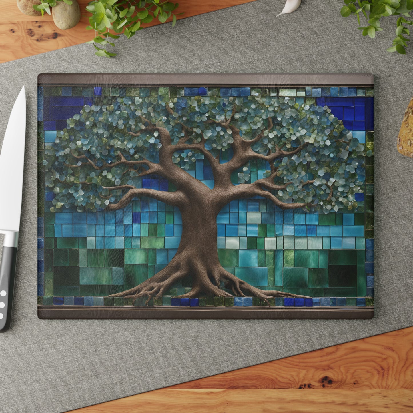 Kitchen Decor Glass Cutting Board Serving Tray with Tree of Life Design Cutting Board Gift for Home Cook Glass Charcuterie Board
