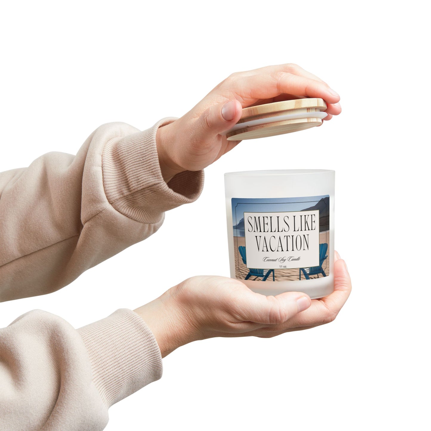 Artisanal Coconut Soy Frosted Glass Candle with Wooden Wick and Raw Maple Lid 11 oz Hand Poured Ocean Beachy Vacation Candle 50 hr burn time
