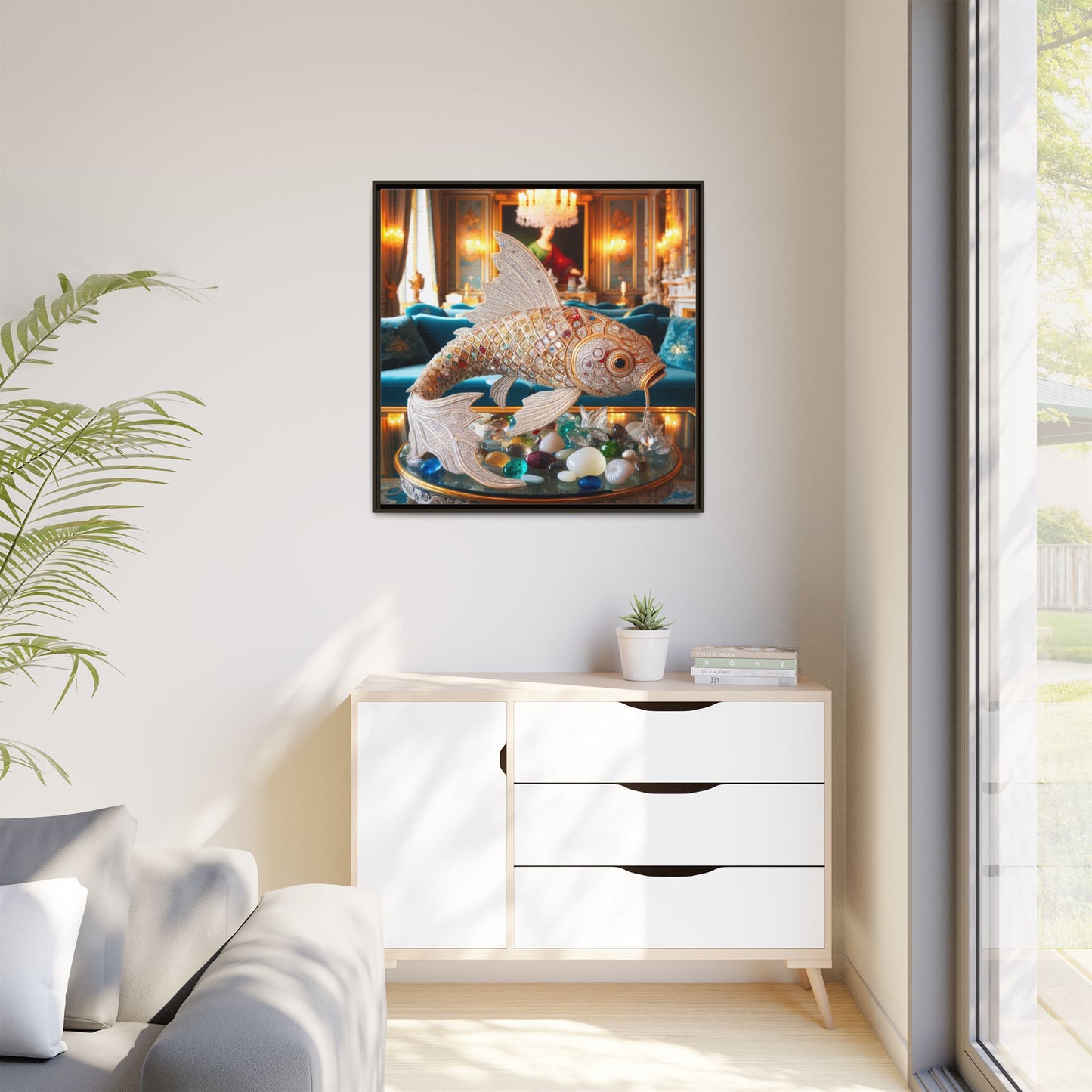 Bejeweled Koi Fish Framed Canvas Print Wall Art Unique Fashion Designer Haute Couture Fashionista Animal Lover Gift Decor 3 Frame Colors