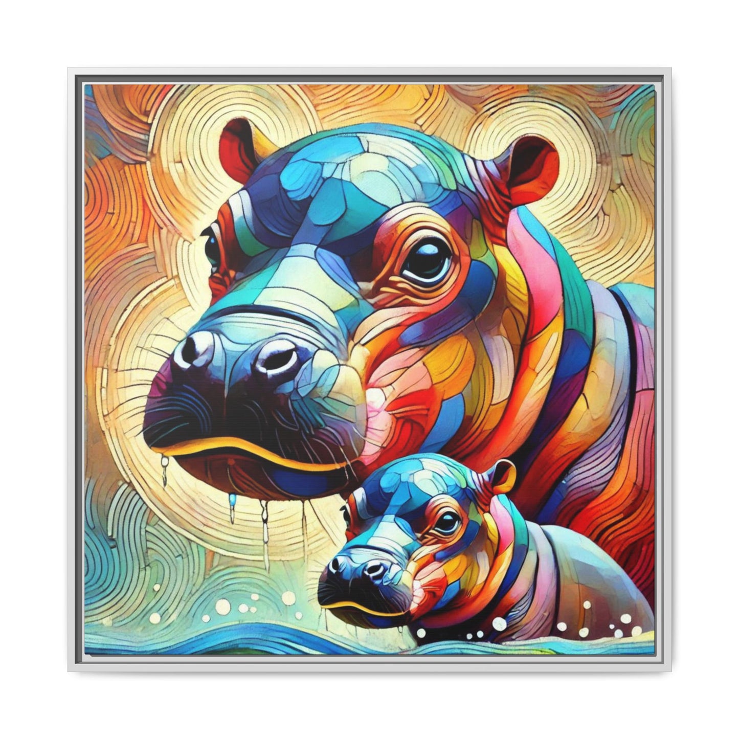 Modern Hippo Print Abstract Design Unique Framed Canvas Print Baby Hippo Wall Art Animal Lover Gift Nature Lover Decor 3 frame colors