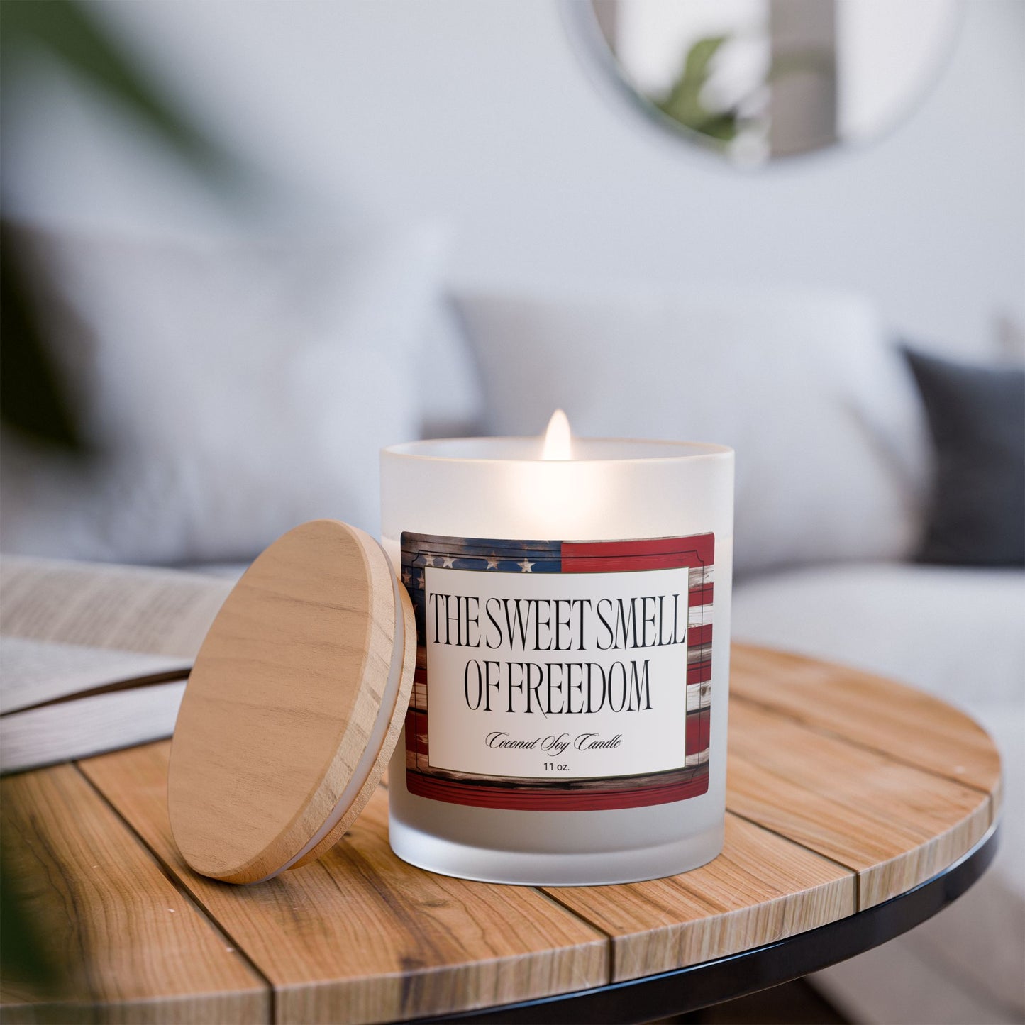 Artisanal Coconut Soy Frosted Glass Candle with Wooden Wick and Raw Maple Lid 11 oz Hand Poured Patriotic Flag Candle Americana Gift