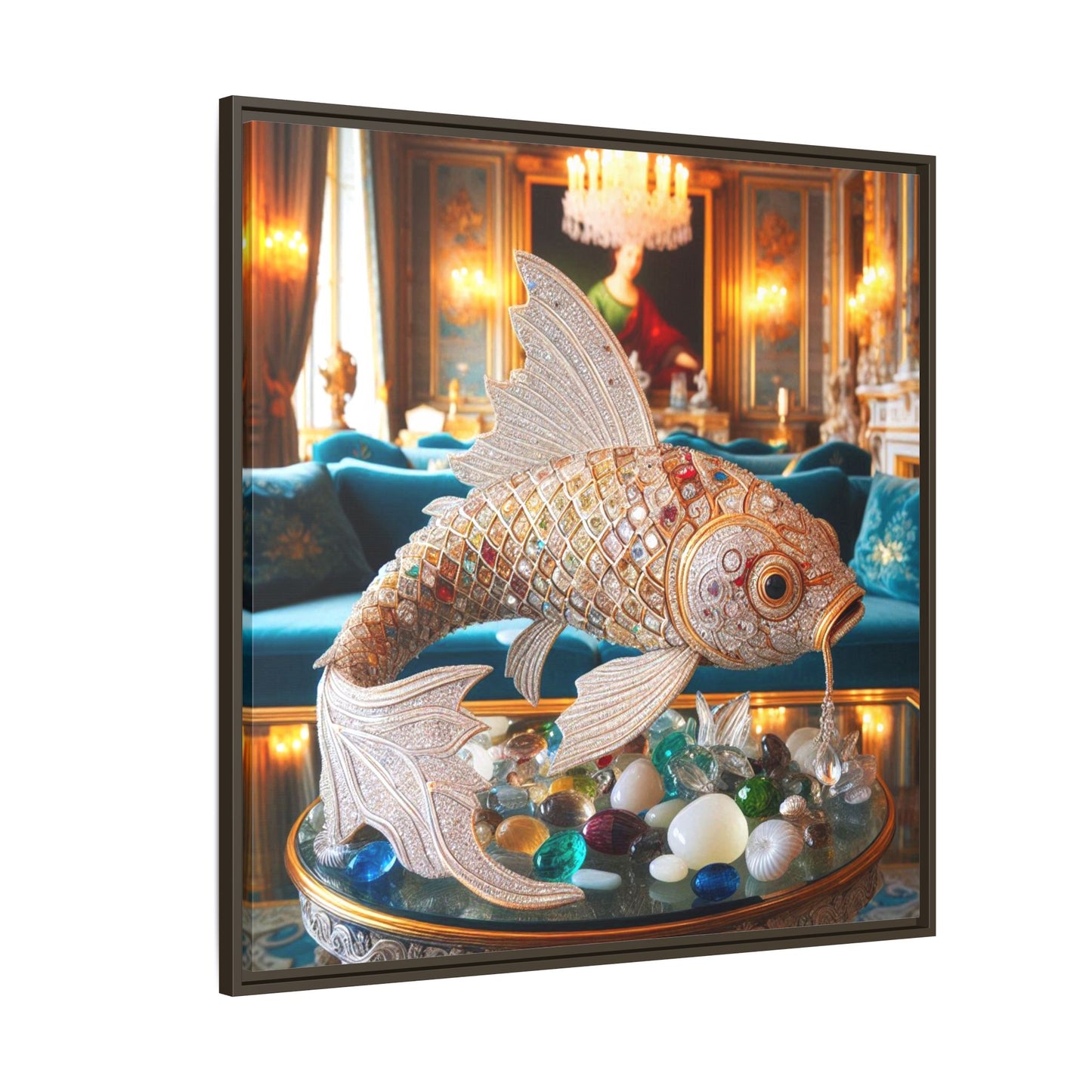 Bejeweled Koi Fish Framed Canvas Print Wall Art Unique Fashion Designer Haute Couture Fashionista Animal Lover Gift Decor 3 Frame Colors