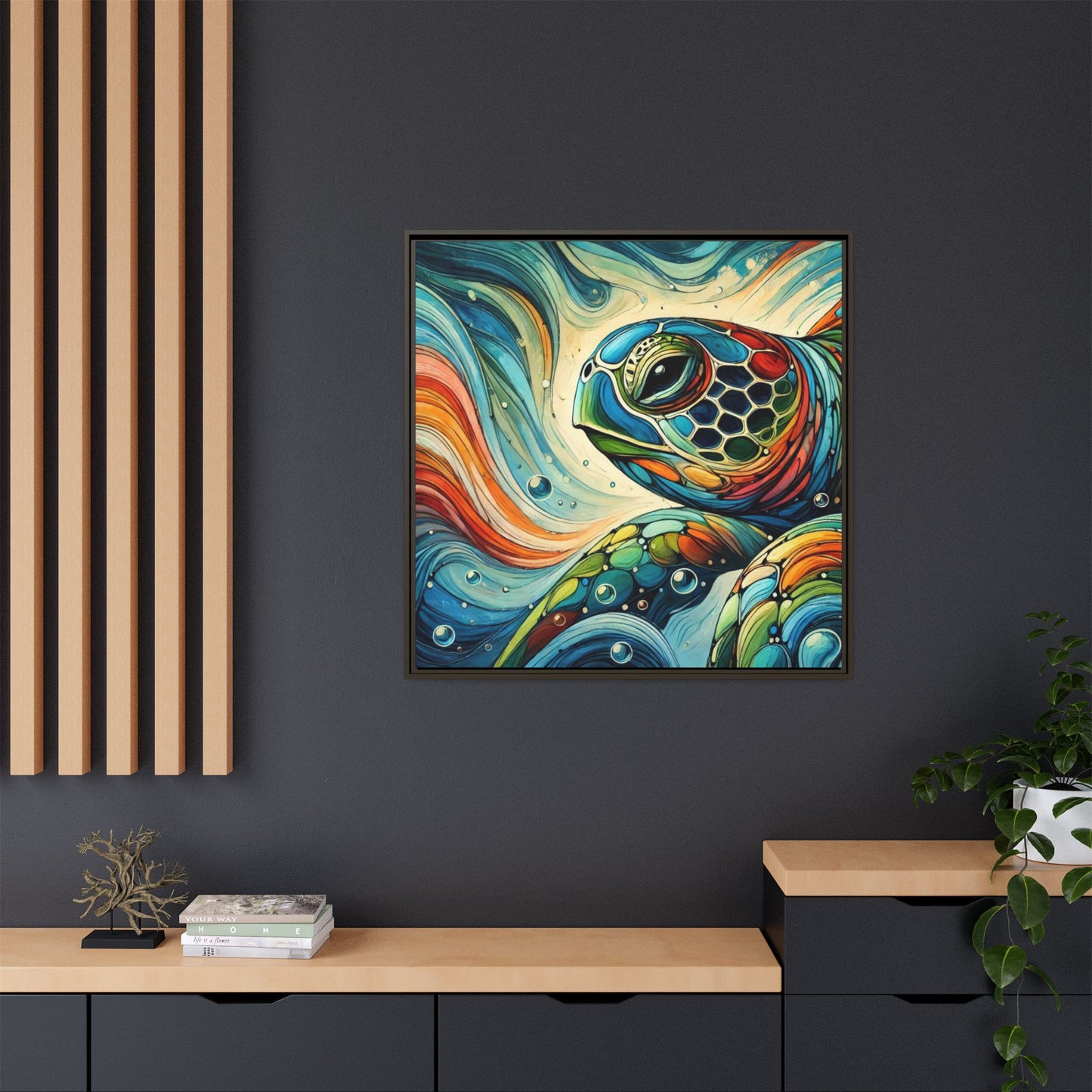 Modern Sea Turtle Print Abstract Design Unique Framed Canvas Print Oceanic Wall Art Animal Lover Gift Nature Lover Decor 3 frame colors
