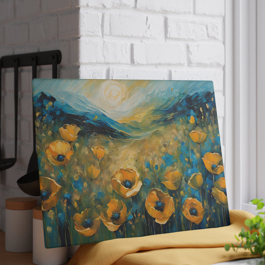 Kitchen Decor Glass Cutting Board Serving Tray with Field of Flowers Design Cutting Board Gift for Home Cook Poppy Floral Charcuterie Board