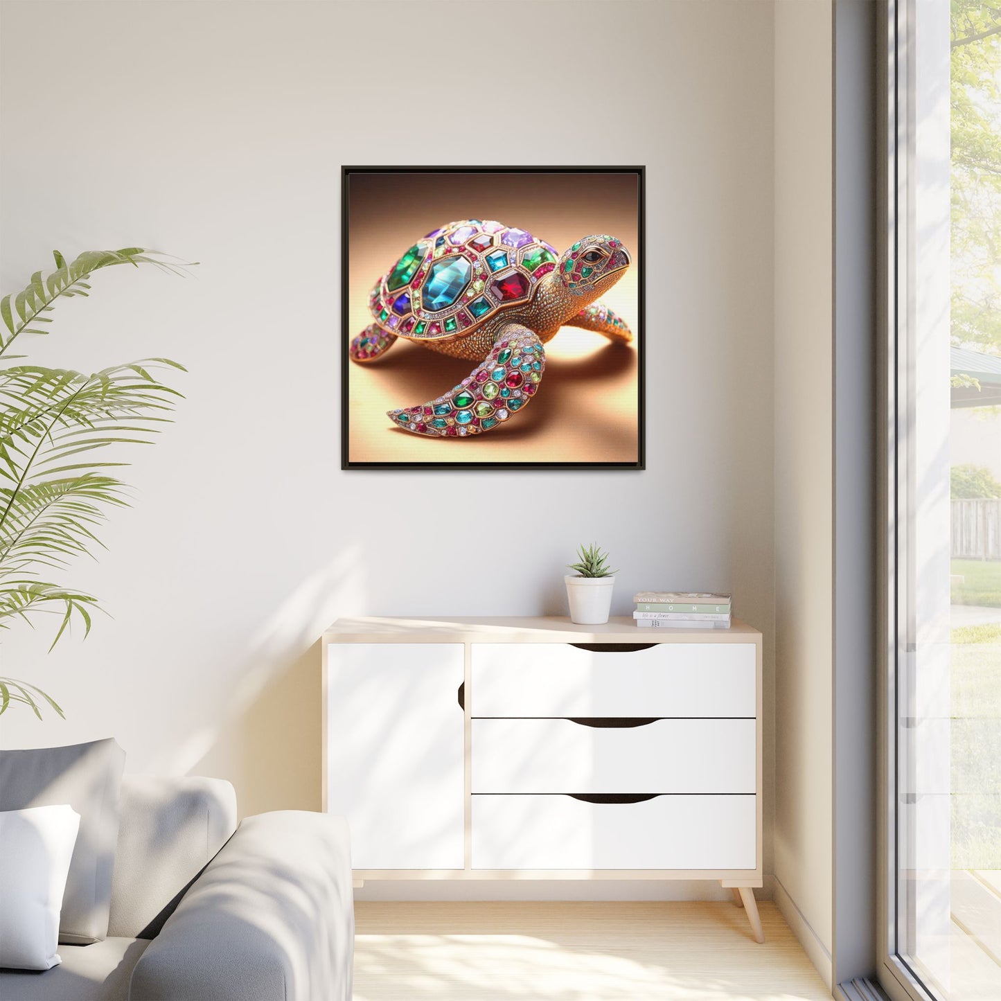 Bejeweled Turtle Framed Canvas Print Wall Art Unique Fashion Designer Haute Couture Fashionista Animal Lover Gift Decor 3 Frame Colors