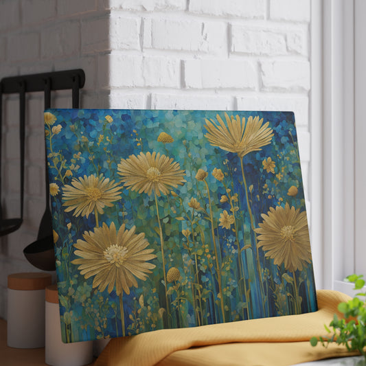 Kitchen Decor Glass Cutting Board Serving Tray with Field of Flowers Pattern Cutting Board Gift for Home Cook Charcuterie Board