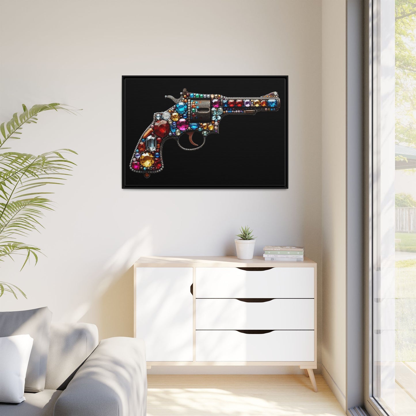 Bejeweled Revolver Print AI Design Unique Framed Canvas Print Wall Art Gun Lover Gift Edgy Glam Fantasy Weapon Decor 3 frame colors