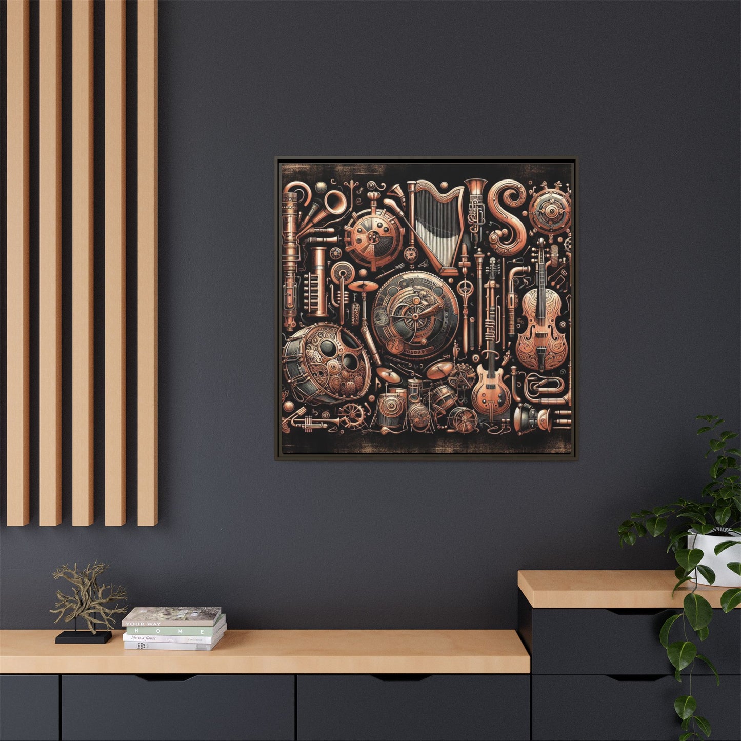 Modern Music-Themed Steampunk Style Print Abstract Design Unique Framed Canvas Print Wall Art Music Lover Gift Decor 3 frame colors