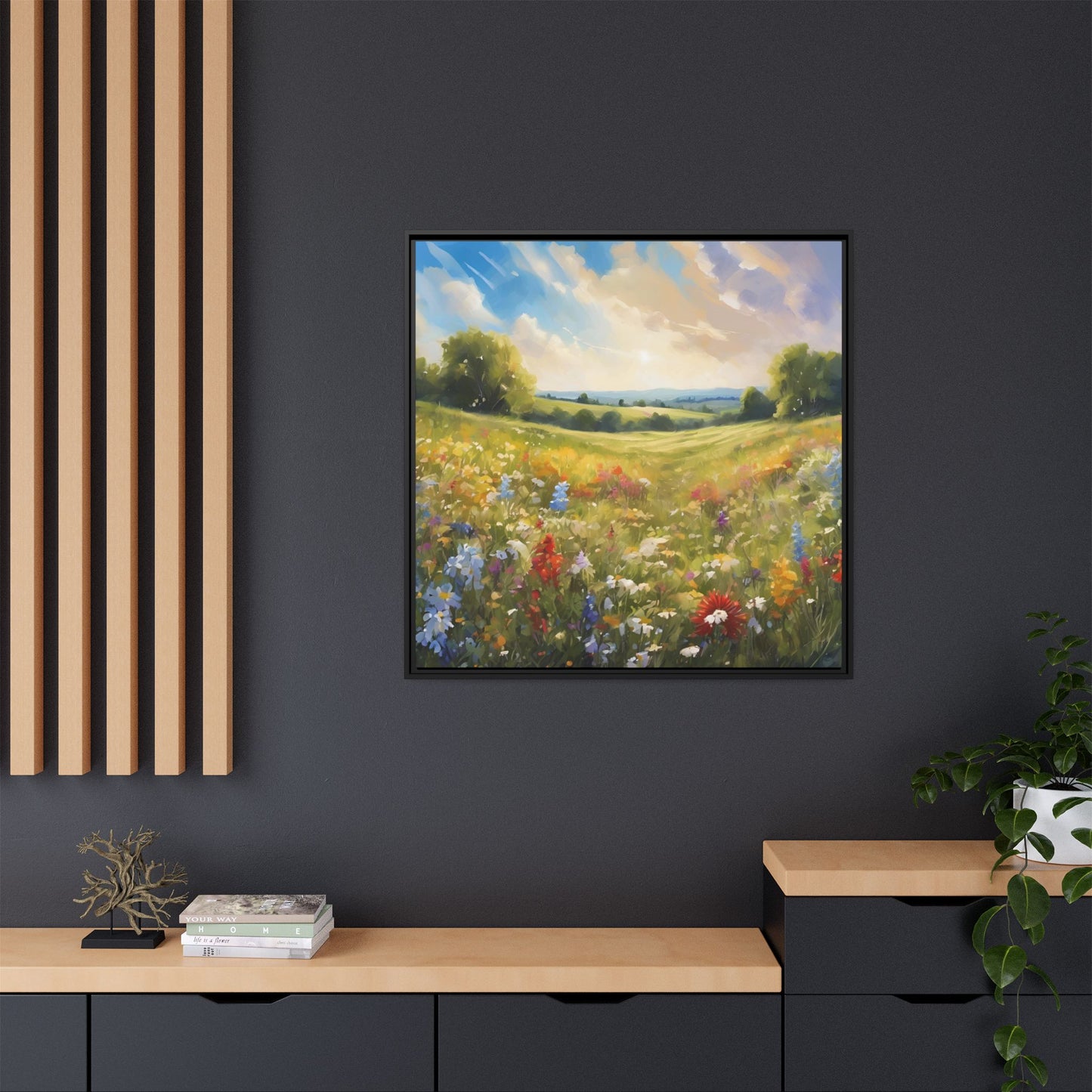 Modern Filed of Flowers Design Unique Framed Canvas Wall Art Gift Nature Lover Landscape Decor Gift 3 frame colors