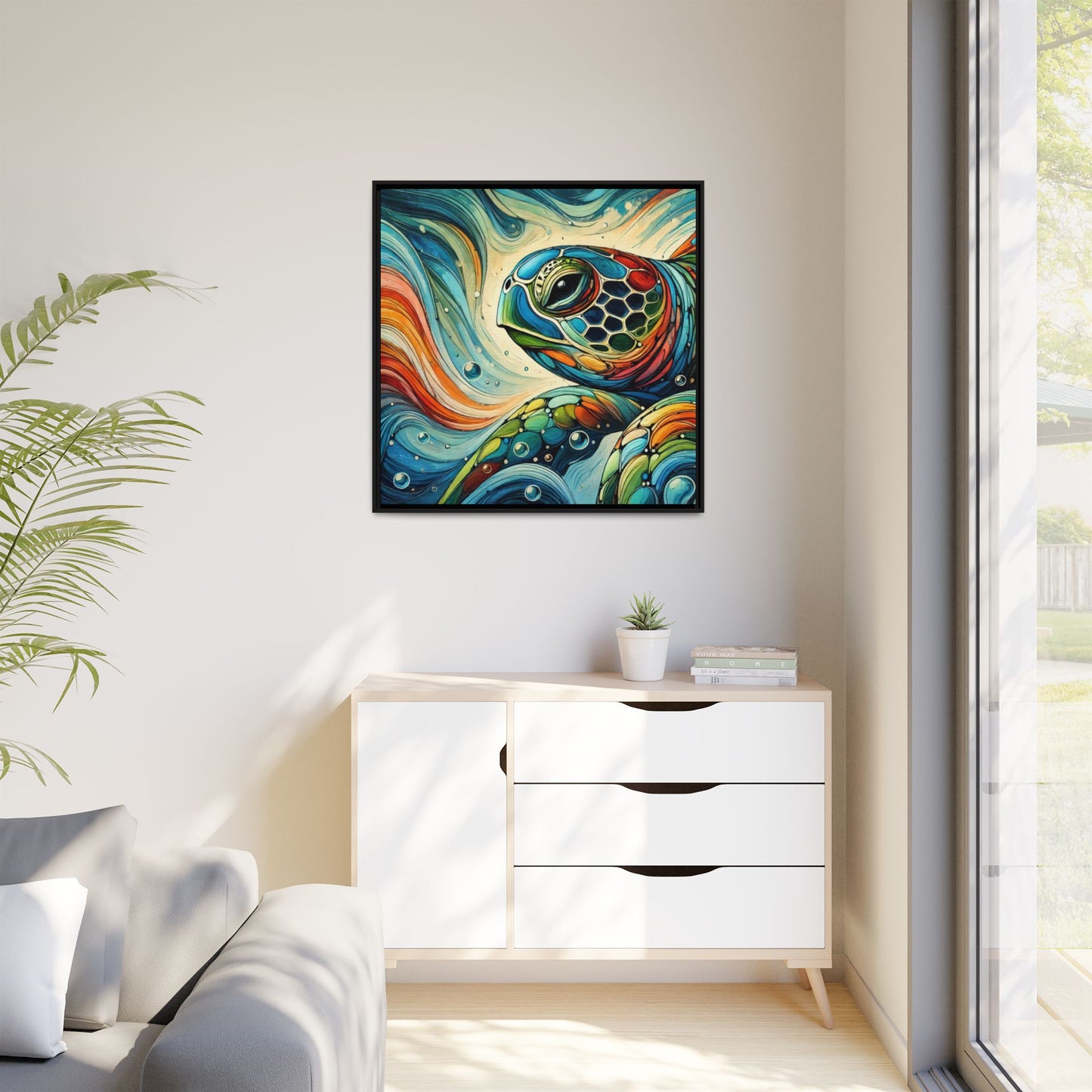 Modern Sea Turtle Print Abstract Design Unique Framed Canvas Print Oceanic Wall Art Animal Lover Gift Nature Lover Decor 3 frame colors