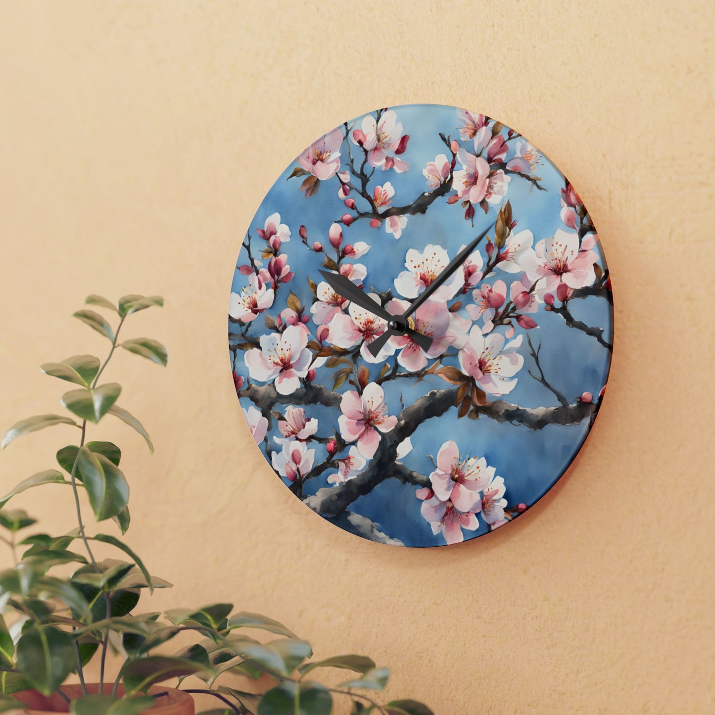Asian Plum Blossom Design Acrylic Office Clock Unique Colorful Wall Clock for Kitchen or Living Room Nature Lover Gift Flower Art Design