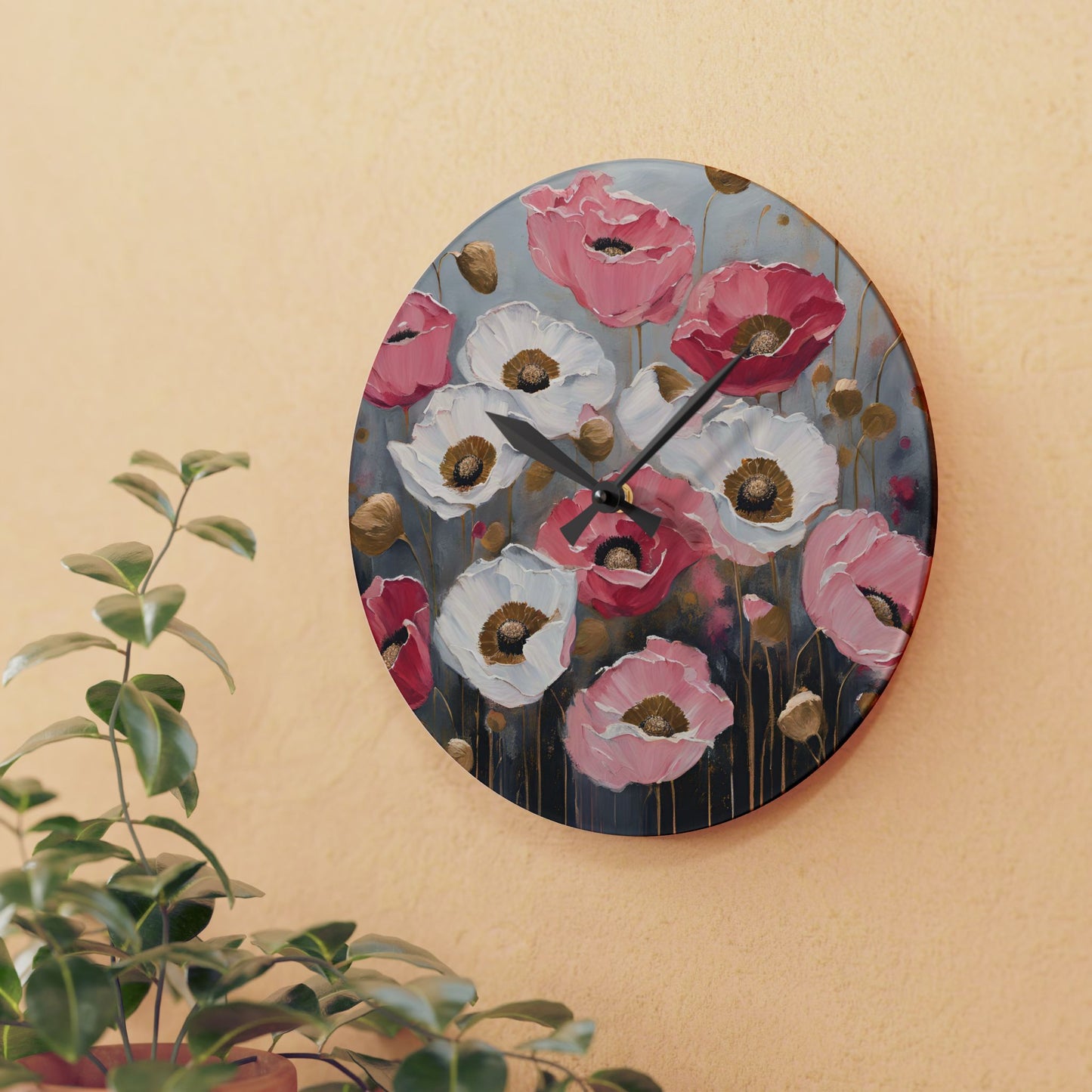 Floral Design Acrylic Clock Unique Colorful Wall Clock for Kitchen or Living Room Nature Lover Field of Flowers Gardener Gift