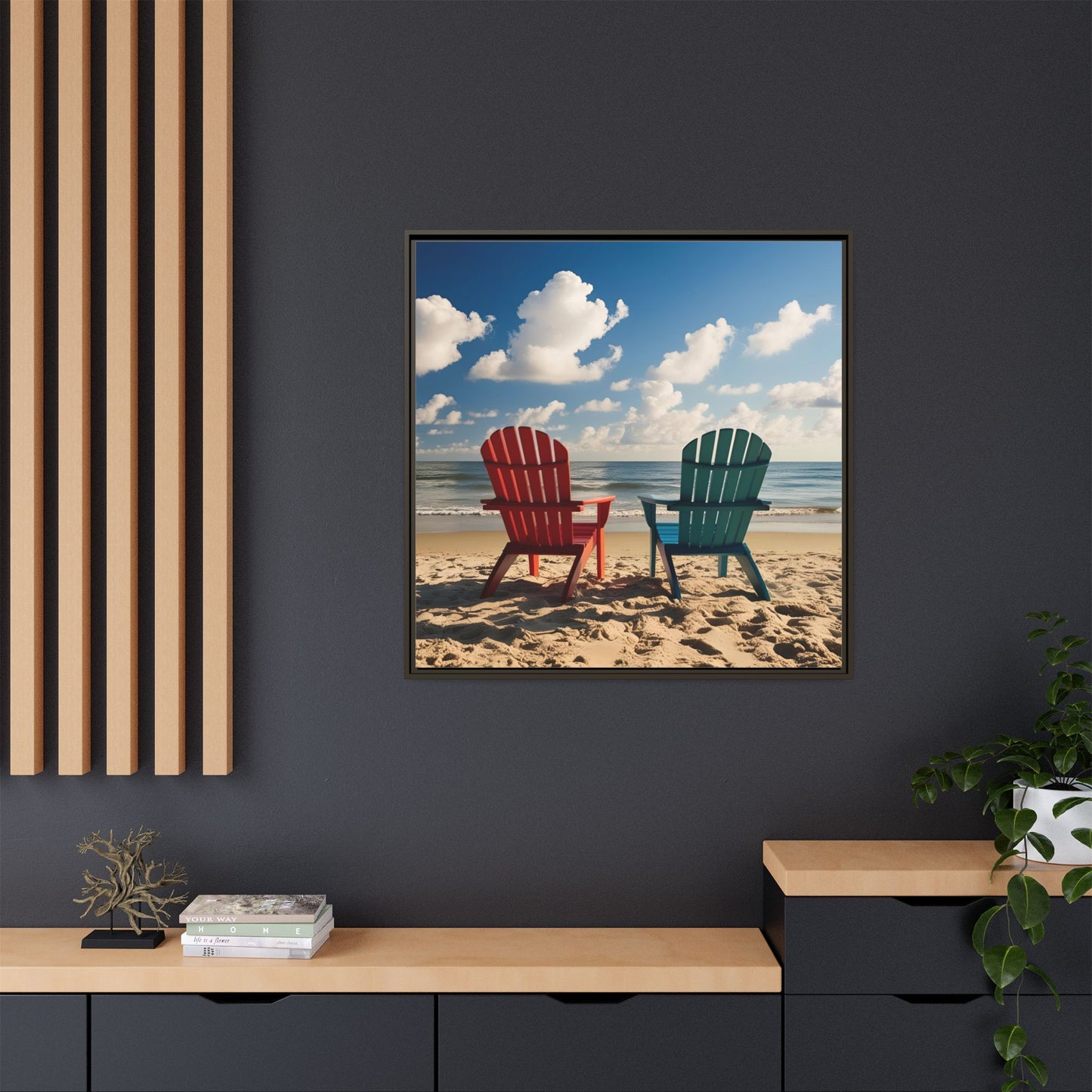 Chairs on the Beach Calm Sunny Day Framed Canvas Wall Art Beach Lover Vacation Oceanic Gift Nature Lover Peaceful Zen Gift 3 frame colors