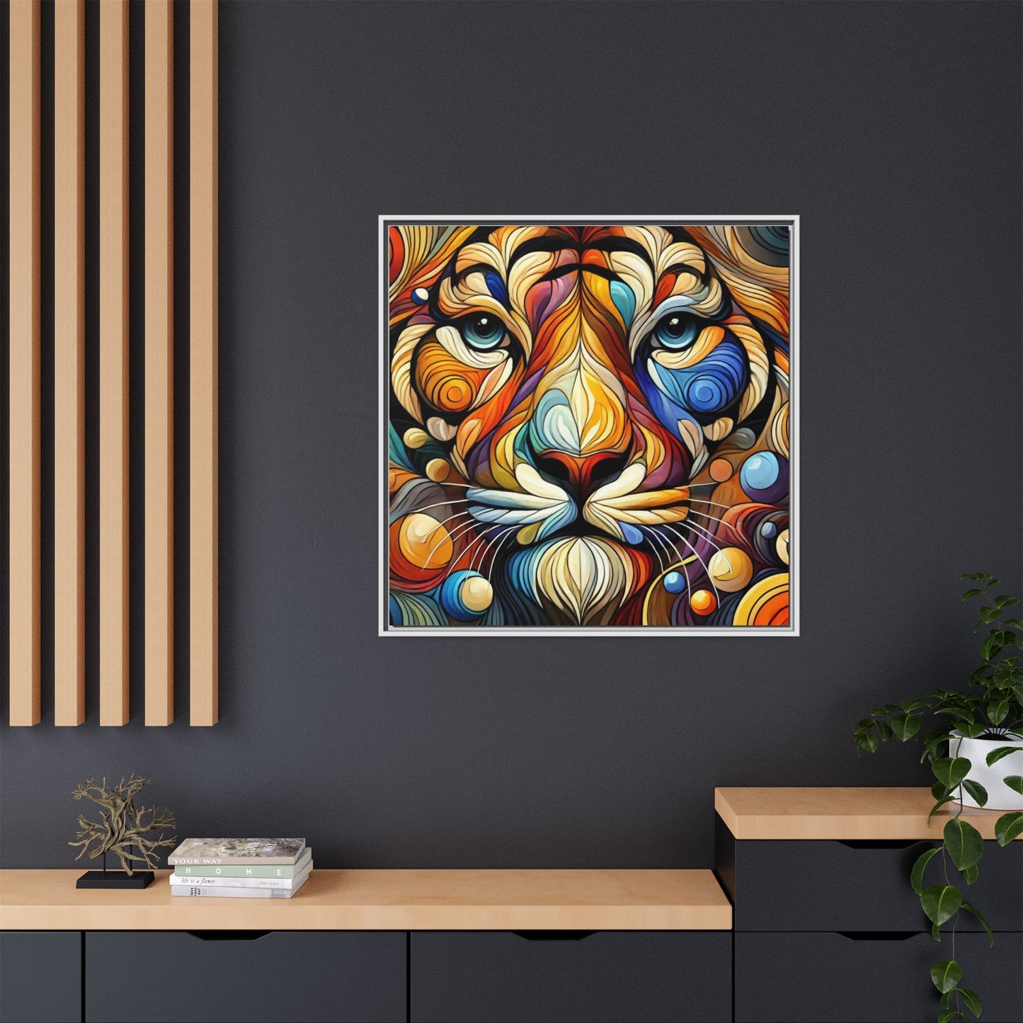 Modern Lion Face Print Abstract Design Unique Framed Canvas Print King of Jungle Wall Art Animal Lover Nature Lover Decor 3 frame colors