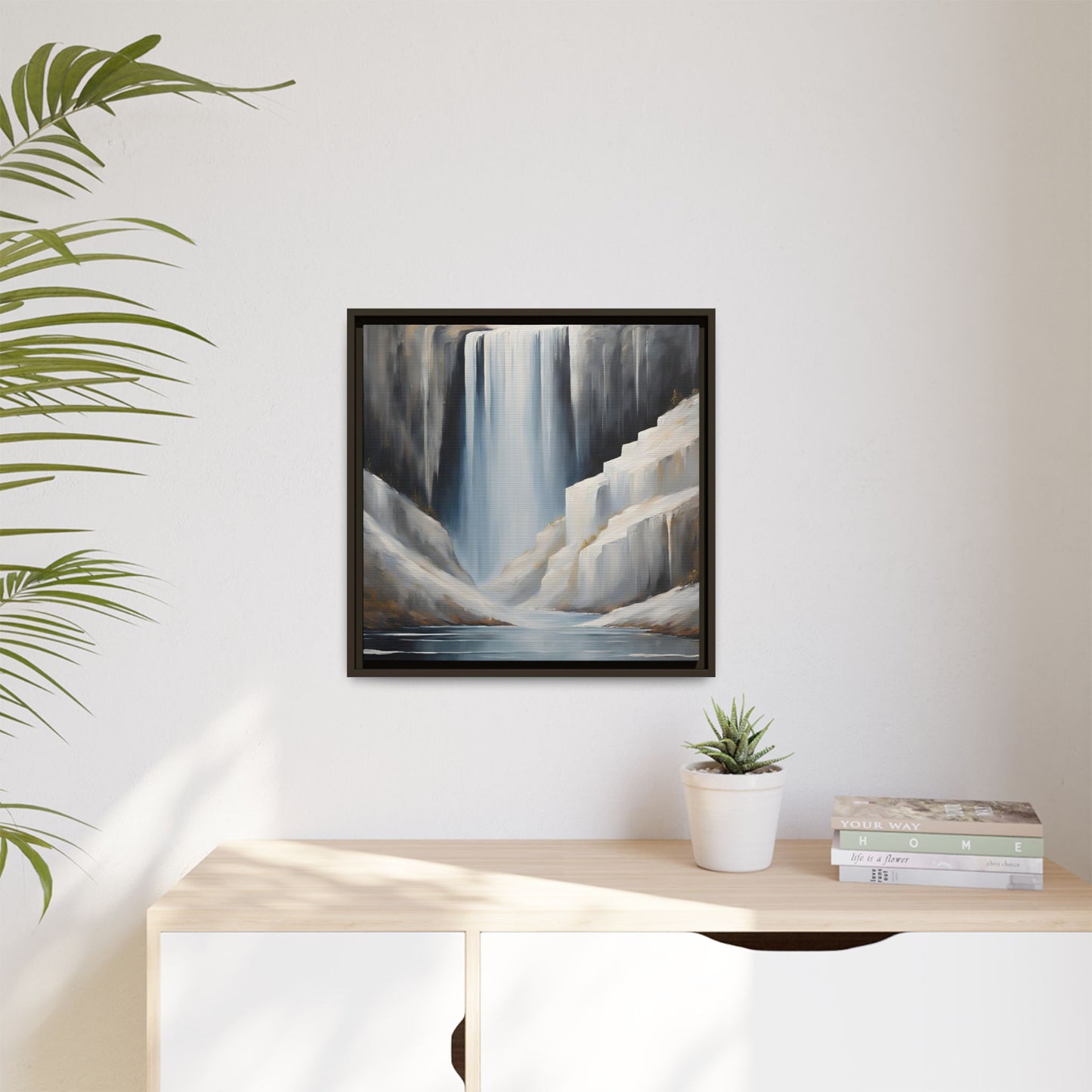 Modern Abstract Waterfall Design Unique Framed Canvas Wall Art Ocean Beach Gift Nature Lover Gift Mountain Landscape Gift 3 frame colors