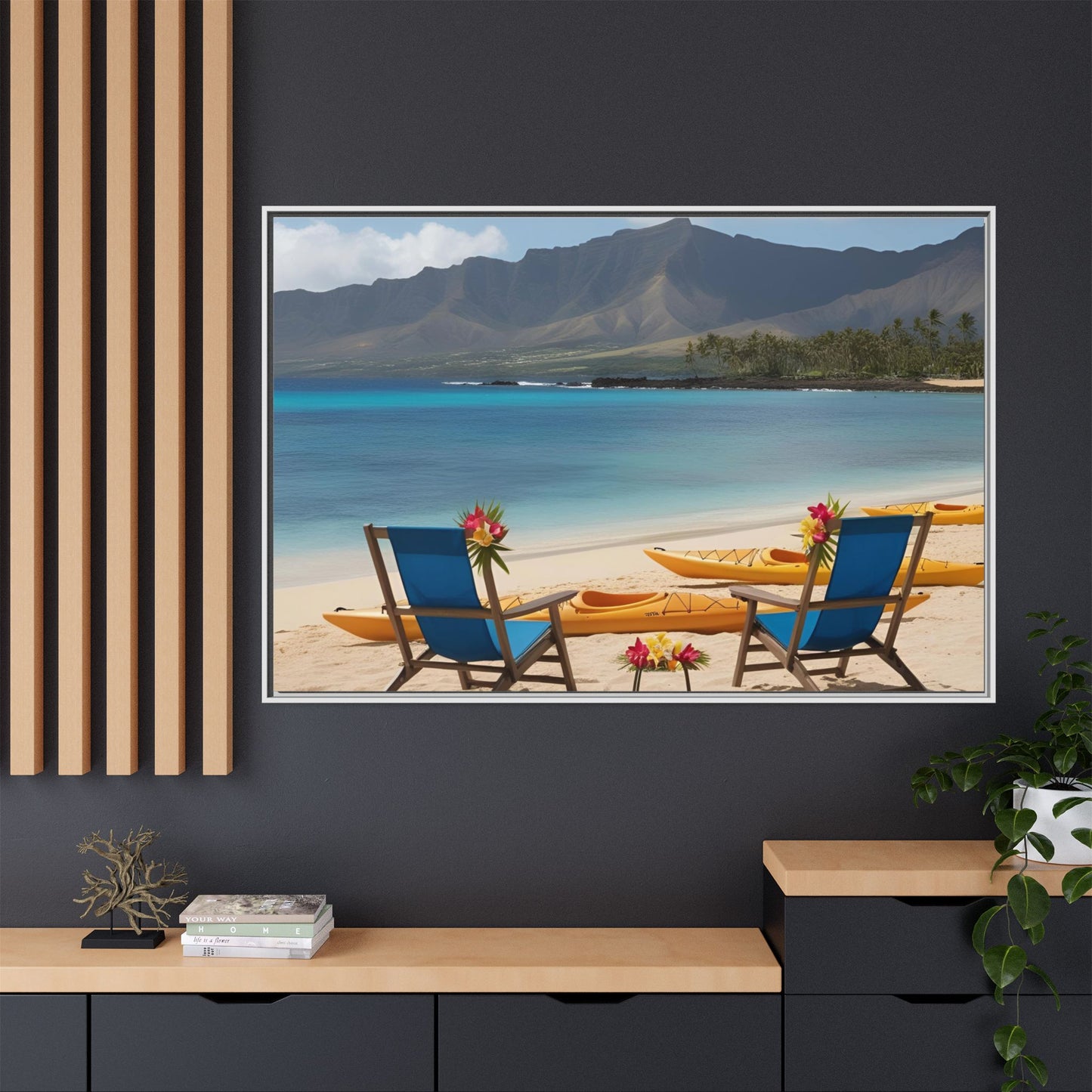 Chairs on the Beach Print Unique Framed Canvas Print Wall Art Gift Beachy Nature Lover Ocean Waves Hawaiian Vacation Decor 3 frame colors