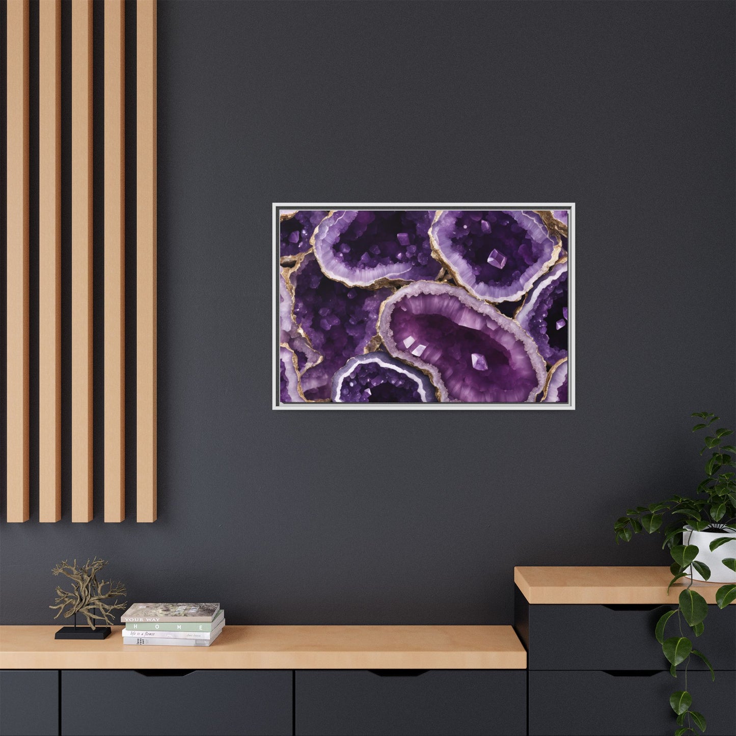 Purple Amethyst Crystal Geode Design Print Matte Canvas Wall Art Nature Lover Gift Geology Rock Lover Gift 3 frame colors to choose from