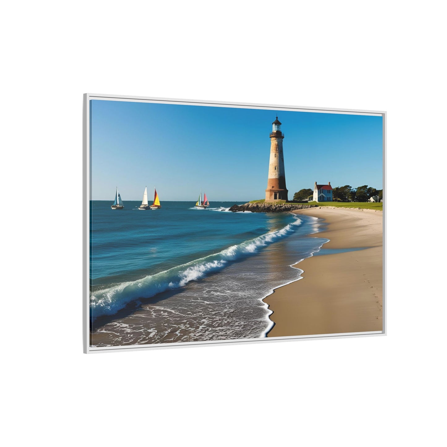 Lighthouse on the Beach Unique Framed Canvas Print Wall Art Nature Lover Gift Beachy Sailboats in the Ocean Vacation Decor 3 frame colors