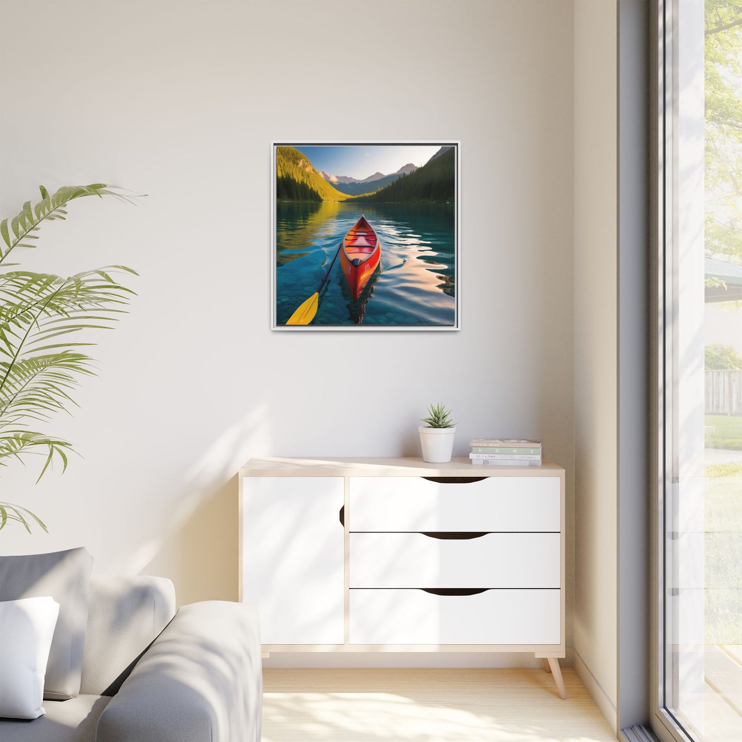 Canoe in the River Framed Canvas Wall Art Mountain Lover Outdoorsman Vacation Kayak Gift Nature Lover Peaceful Zen Gift 3 frame colors