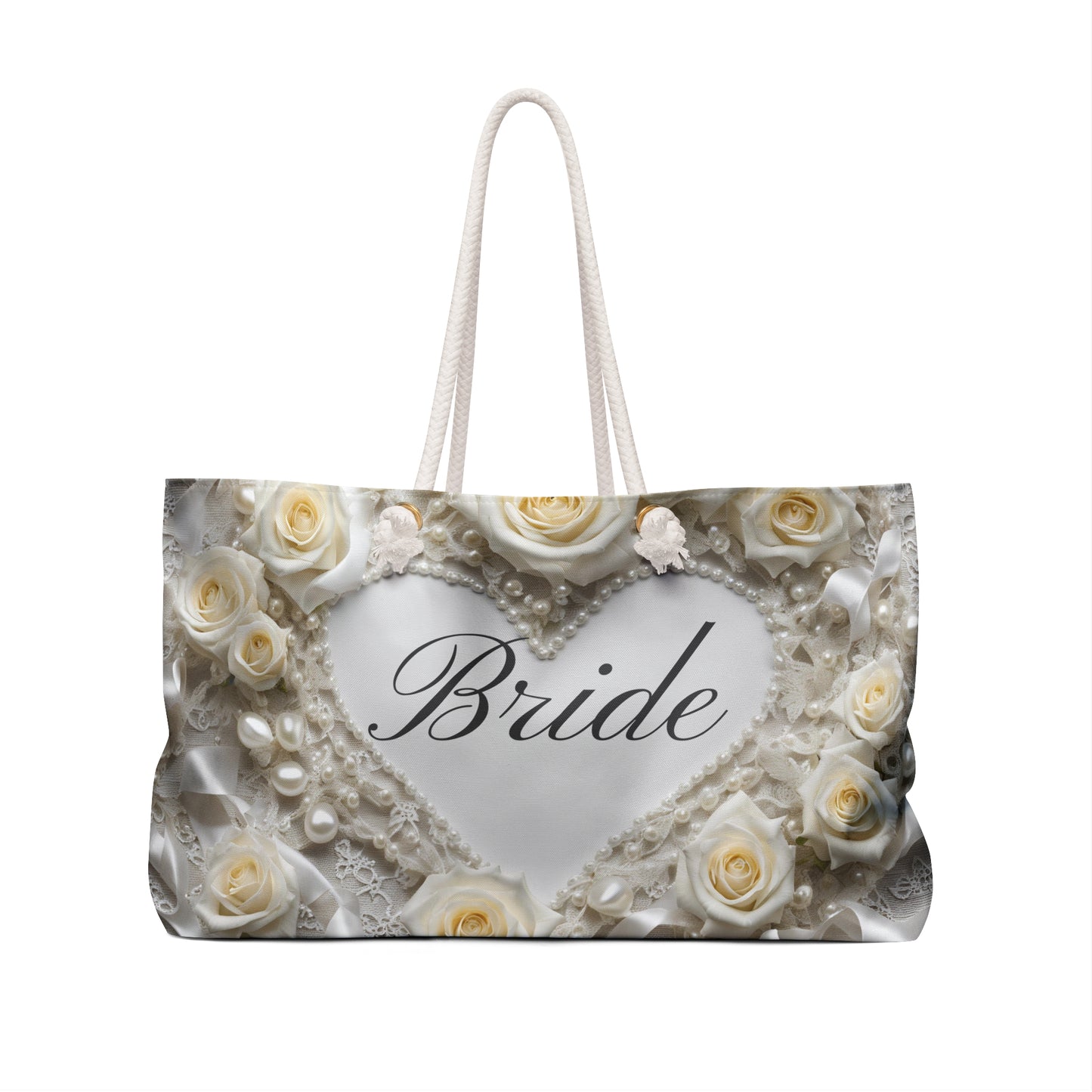 Pearl and Lace Bridal Heart Design Weekender Tote Bag Minimalist Traditional Rose Wedding Gift Bridal Shower Gift for Her Wife to Be Gift