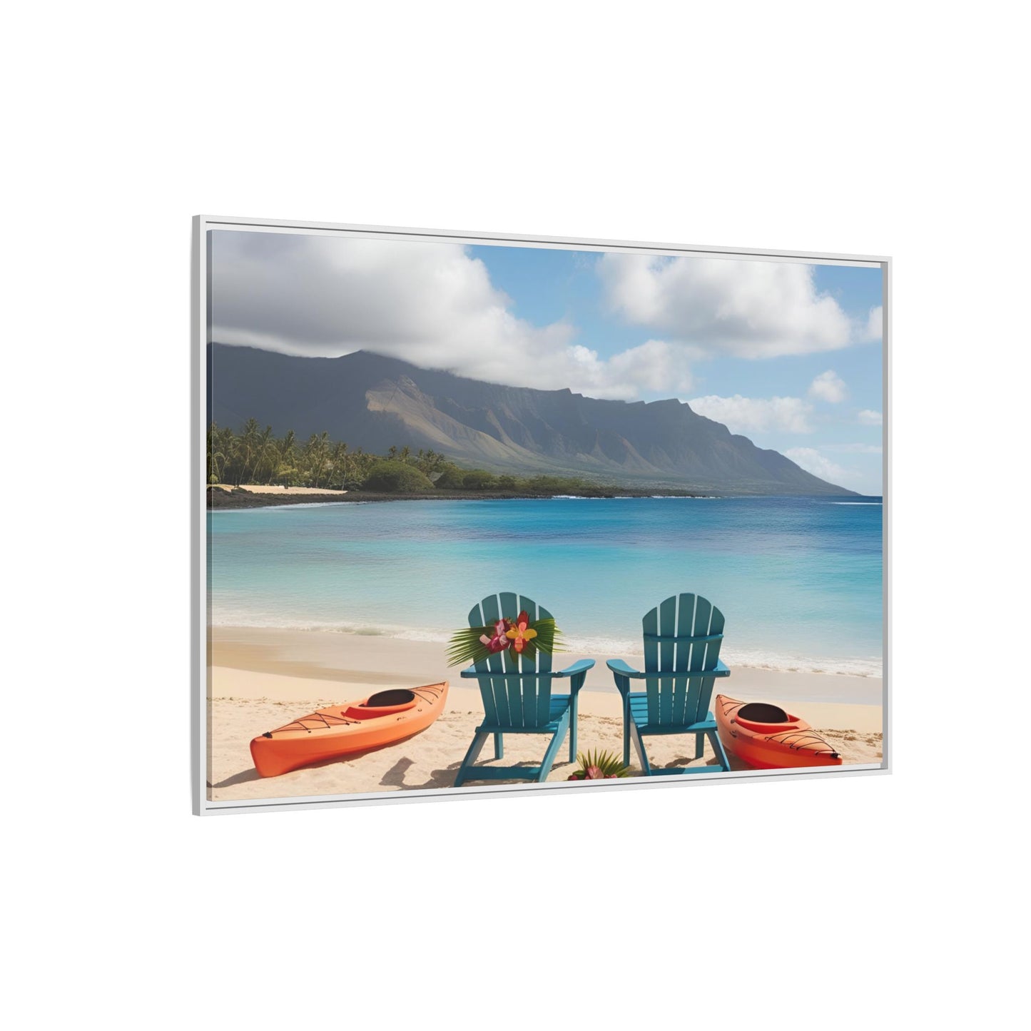 Chairs on the Beach Print Unique Framed Canvas Print Wall Art Gift Beachy Nature Lover Ocean Waves Hawaiian Vacation Decor 3 frame colors