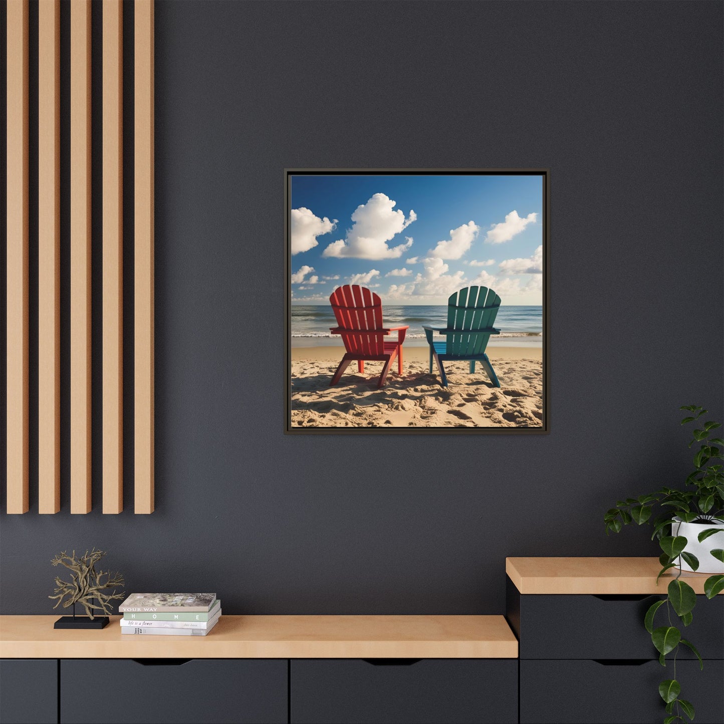 Chairs on the Beach Calm Sunny Day Framed Canvas Wall Art Beach Lover Vacation Oceanic Gift Nature Lover Peaceful Zen Gift 3 frame colors