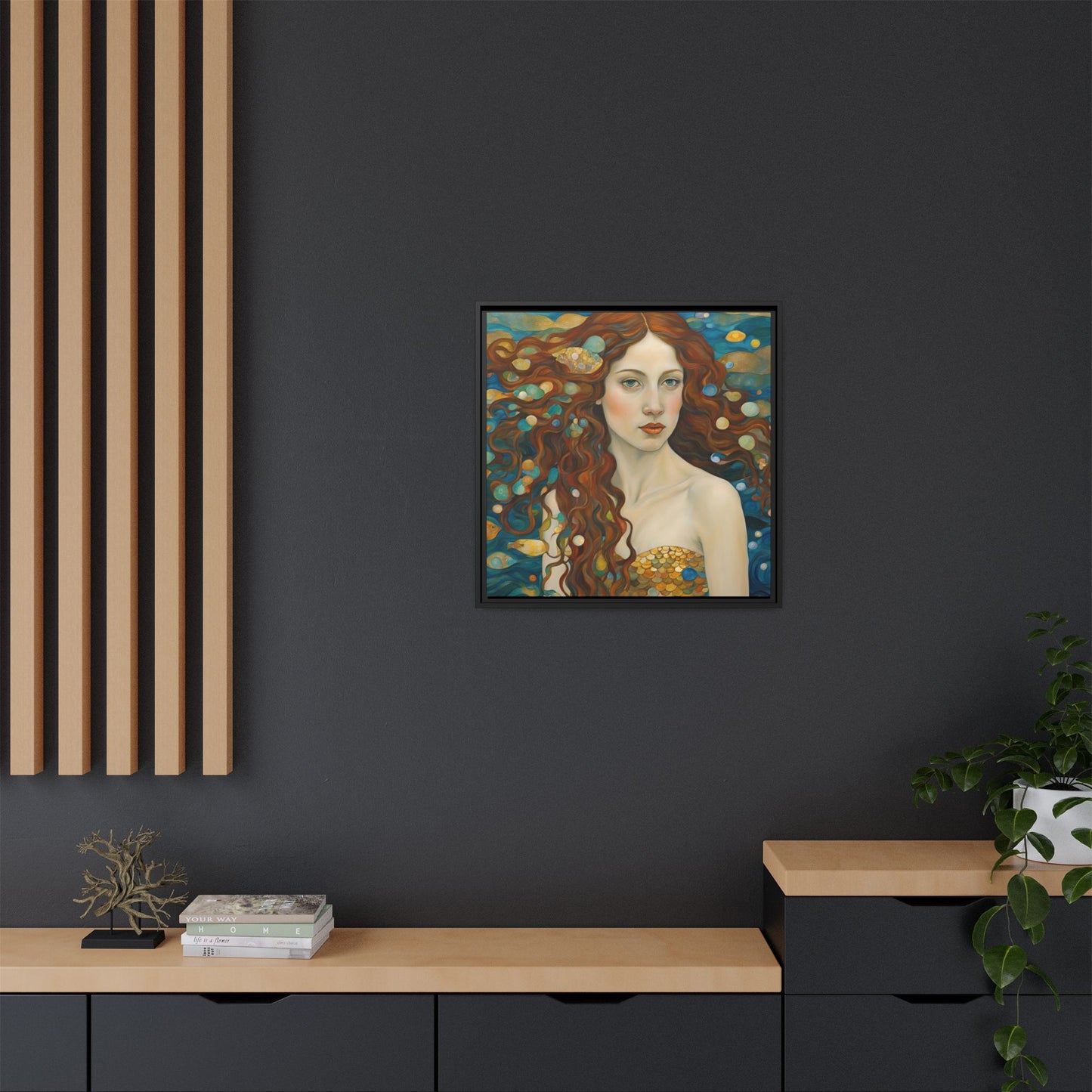 Modern Abstract Mermaid Design Unique Framed Canvas Oceanic Wall Art Underwater Gold Fish Anime Gift Nature Lover Gift 3 frame colors