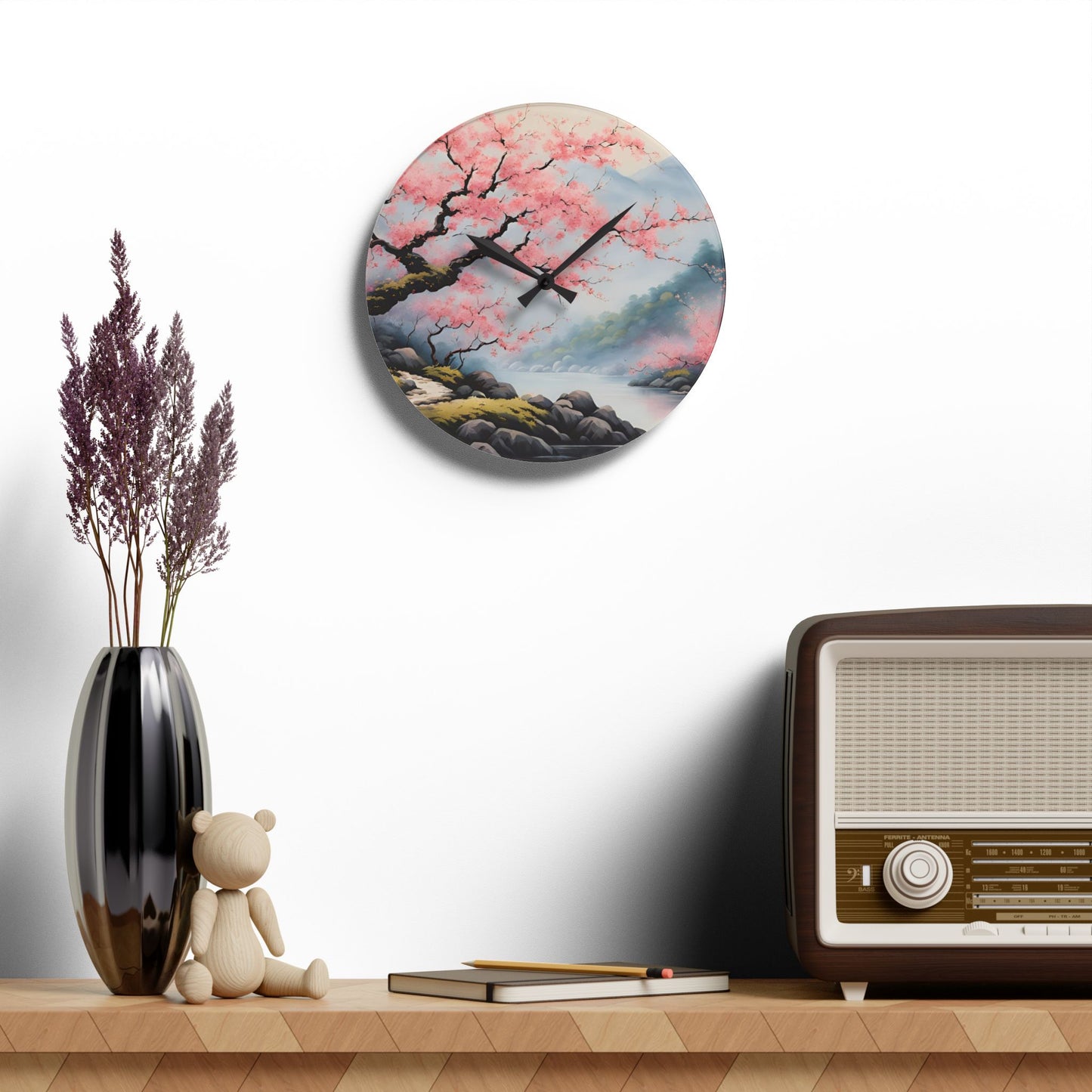 Asian Plum Blossom Design Acrylic Office Clock Unique Colorful Wall Clock for Kitchen or Living Room Nature Lover Gift Flower Art Design