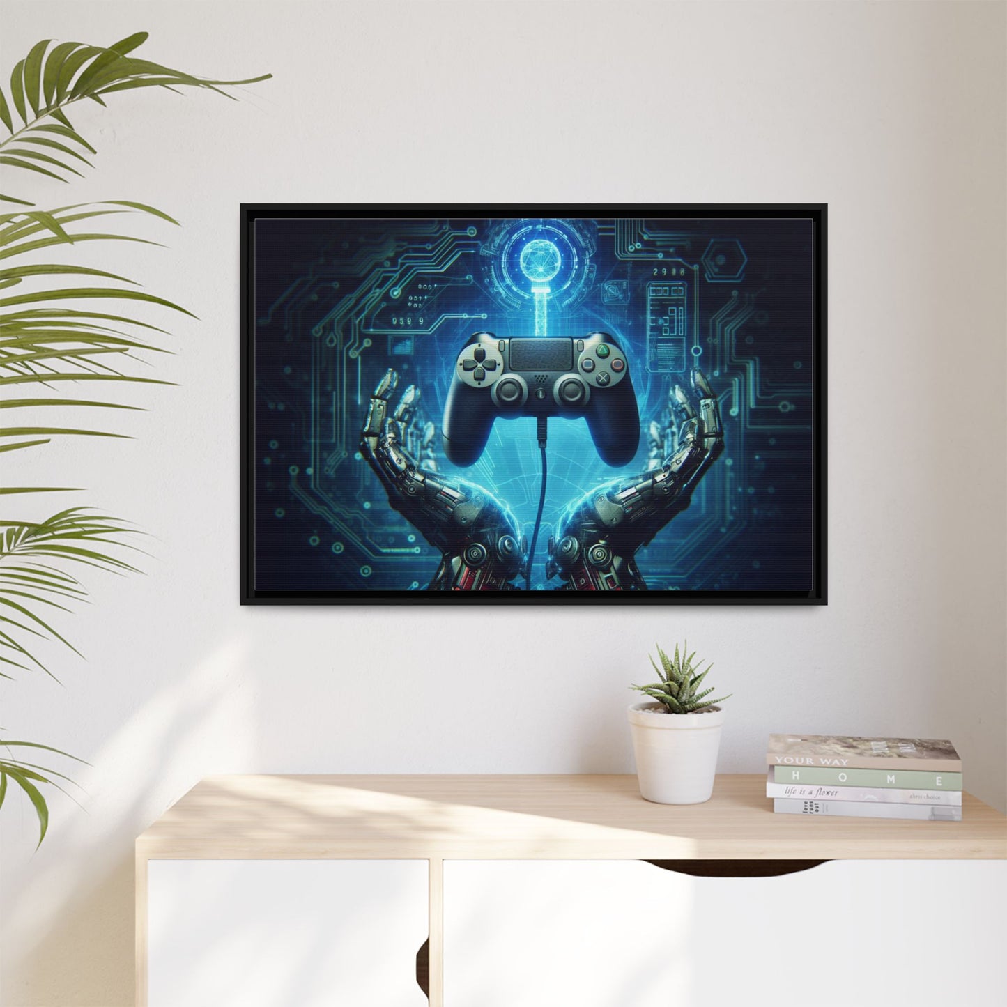 Gamer Themed Unique Framed AI Canvas Print Wall Art Video Game Lover Futuristic Digital Style Gift Cyber Geek Matrix Decor 3 frame colors
