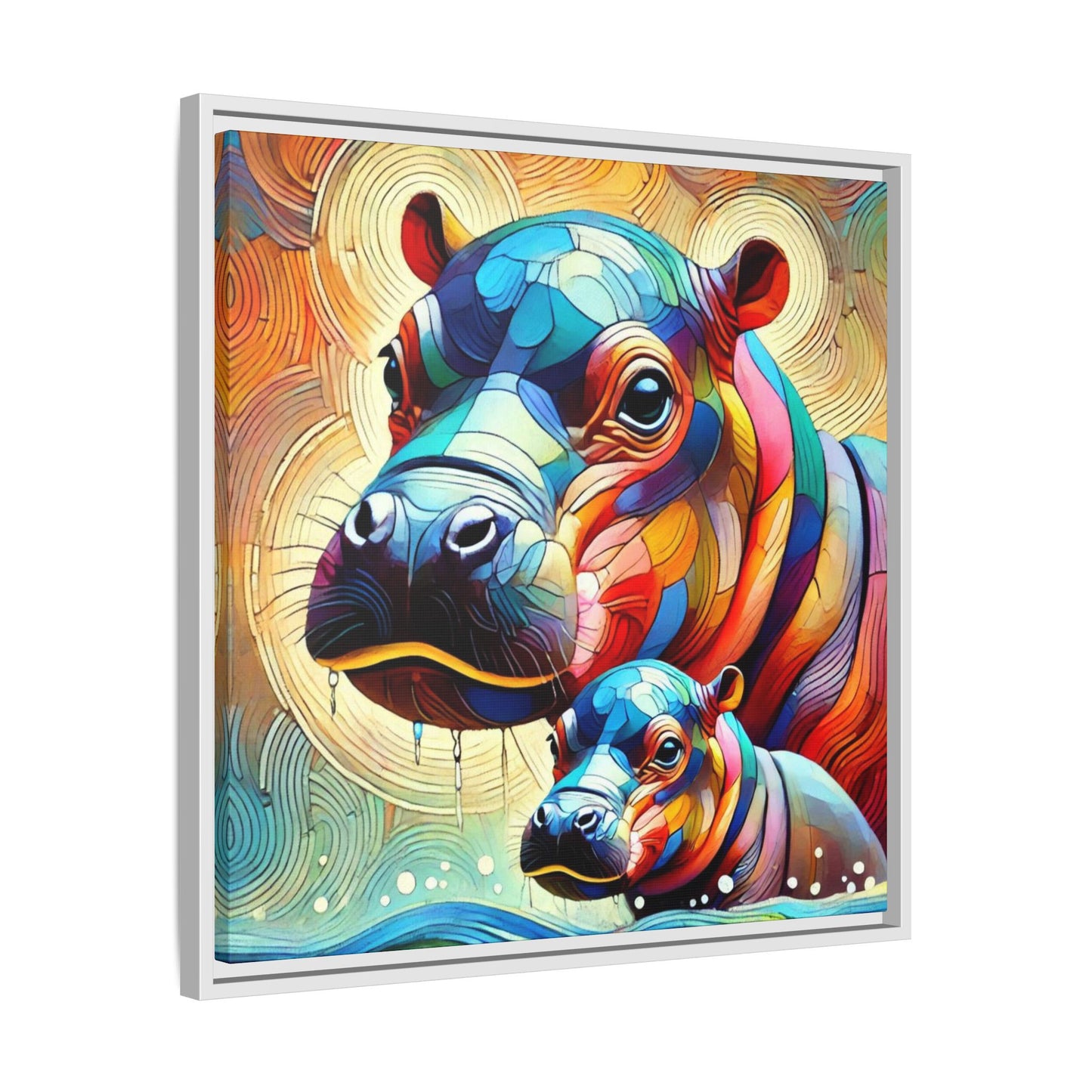 Modern Hippo Print Abstract Design Unique Framed Canvas Print Baby Hippo Wall Art Animal Lover Gift Nature Lover Decor 3 frame colors