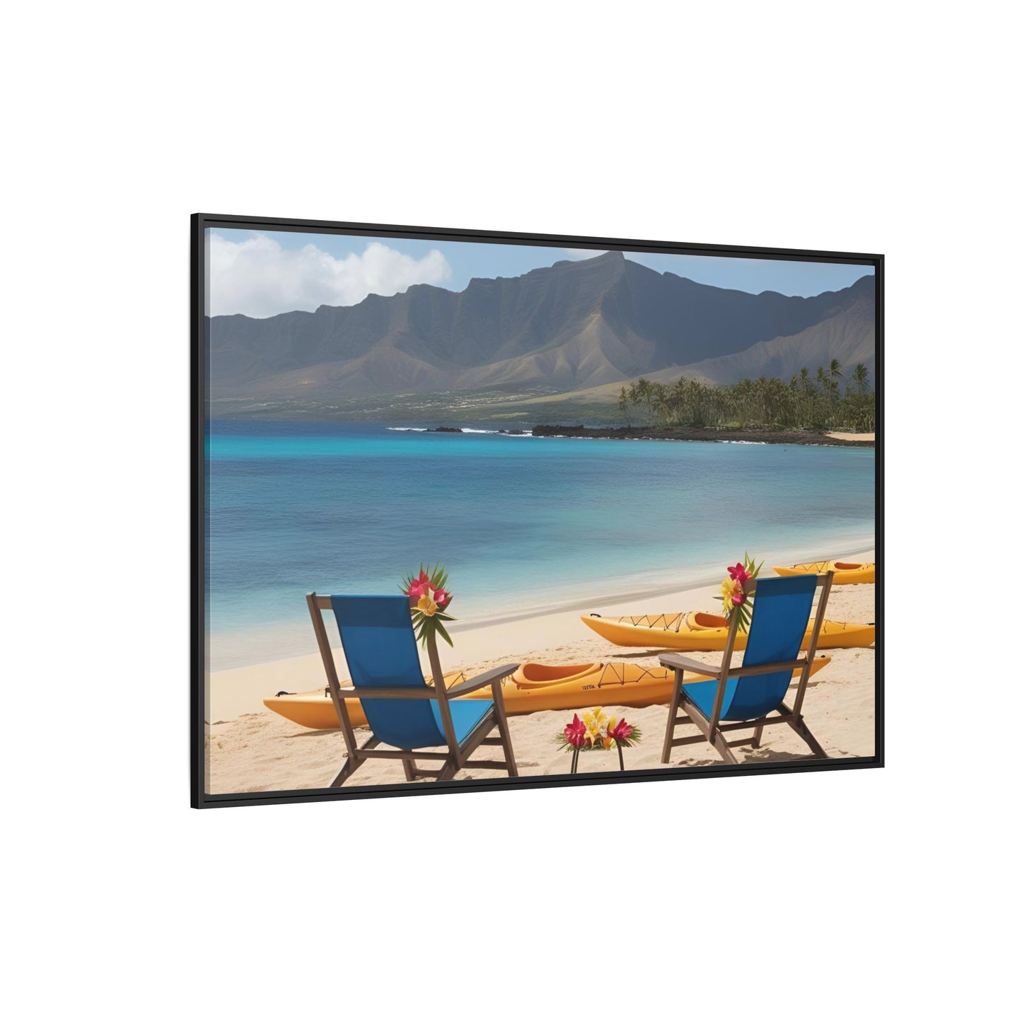Chairs on the Beach Print Unique Framed Canvas Print Wall Art Gift Beachy Nature Lover Ocean Waves Hawaiian Vacation Decor 3 frame colors