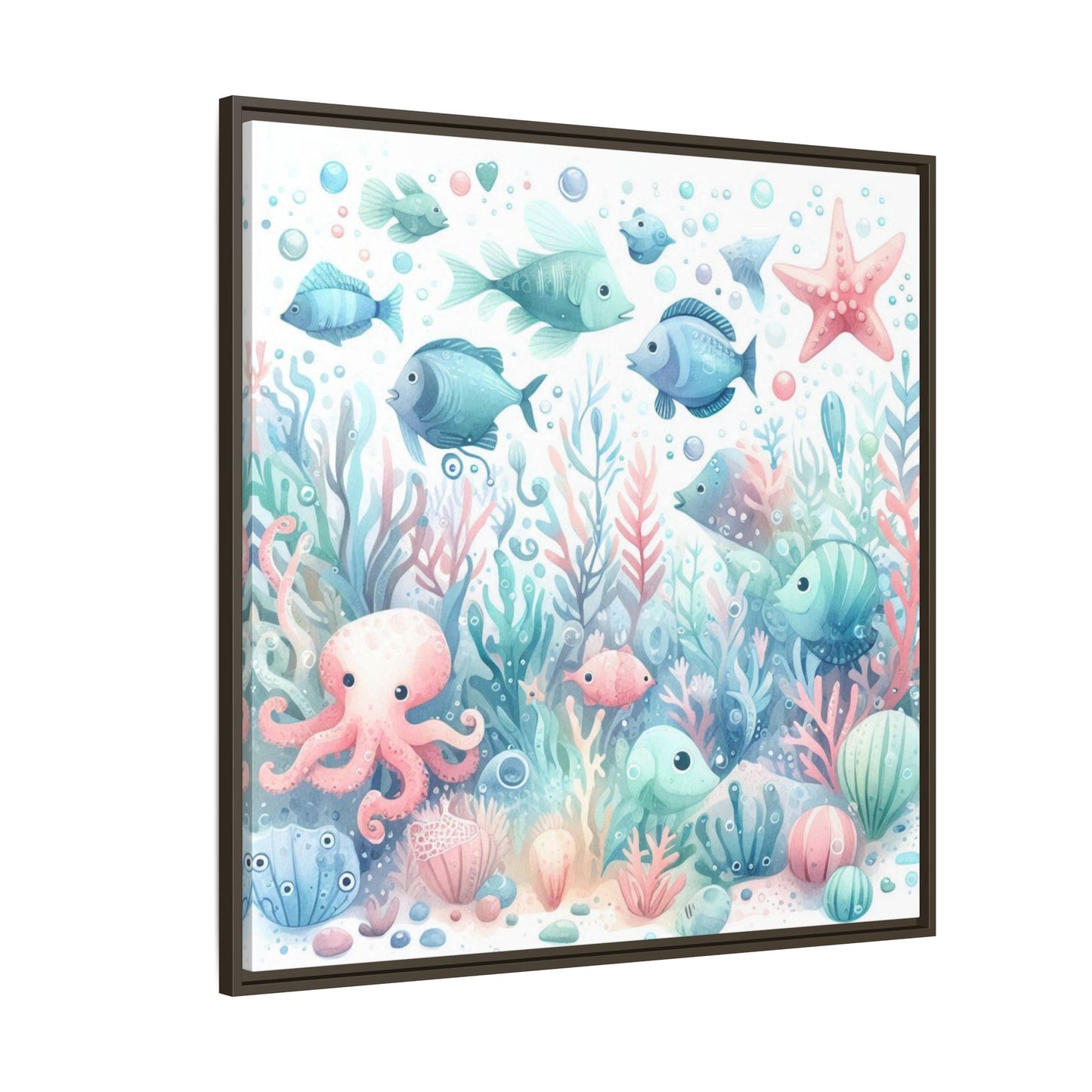 Whimsical Nursery Decor Pastel Underwater Design Unique Sweet Baby Room Framed Canvas Ocean Fish Print Unisex Baby Shower Octopus Gift
