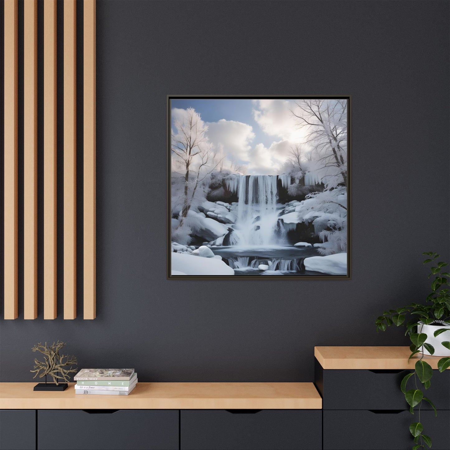 Modern Snowy Waterfall Design Unique Framed Canvas Wall Art Winter Scene Nature Lover Gift Mountain Landscape Decor Gift 3 frame colors