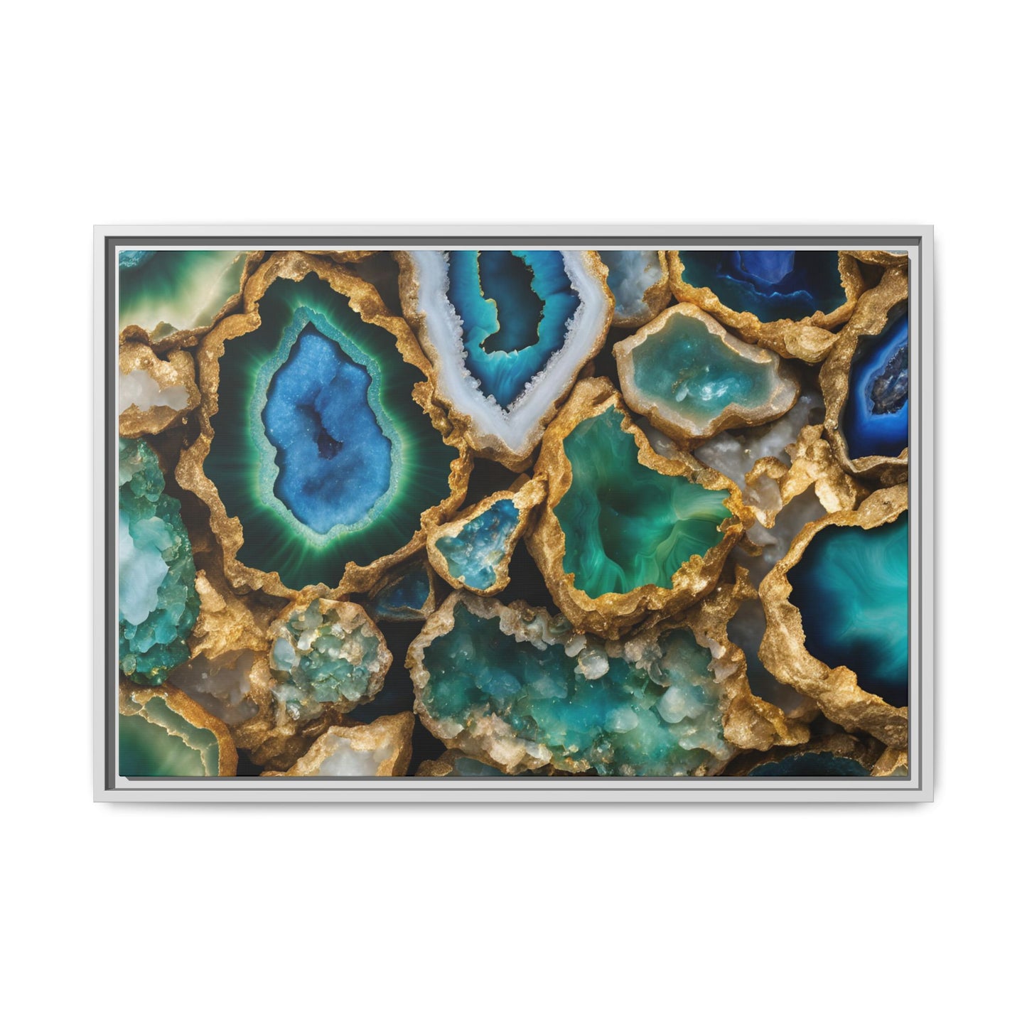 Blue, Green and Gold Quartz Crystal Geode Design Print Matte Canvas Wall Art Nature Lover Gift Geology Rock Lover Gift 3 frame color choices