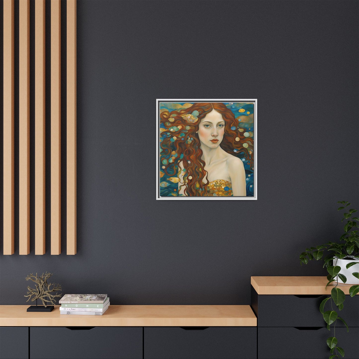 Modern Abstract Mermaid Design Unique Framed Canvas Oceanic Wall Art Underwater Gold Fish Anime Gift Nature Lover Gift 3 frame colors